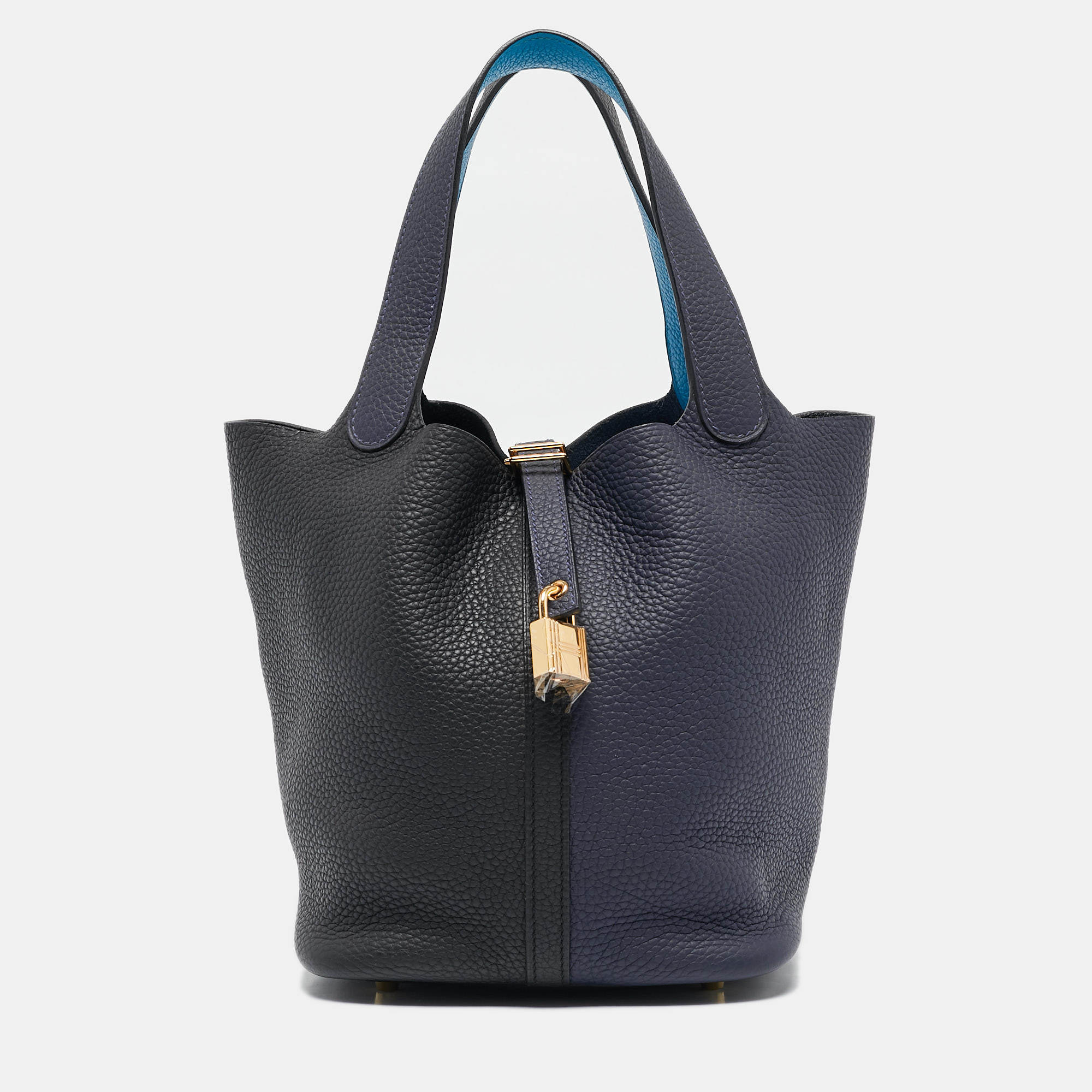 

Hermès Bleu Nuit/Noir/Bleu Zanzibar Taurillon Clemence Leather Picotin Lock 22 Bag, Multicolor