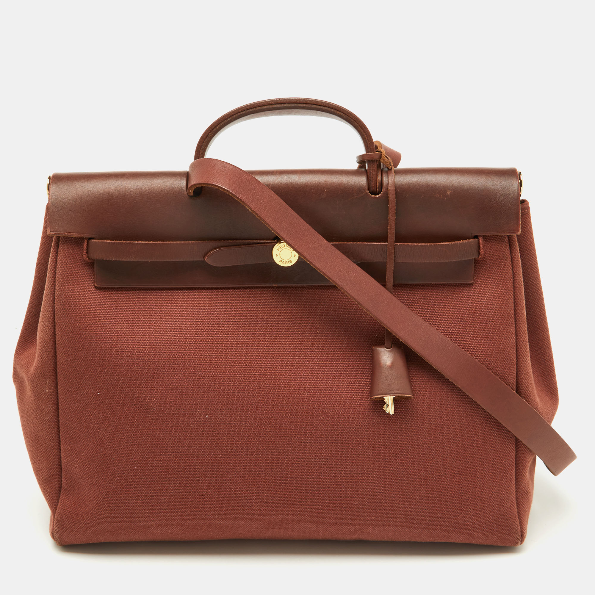 

Hermes Rouge H Toile and Leather Herbag Zip 39 Bag, Brown