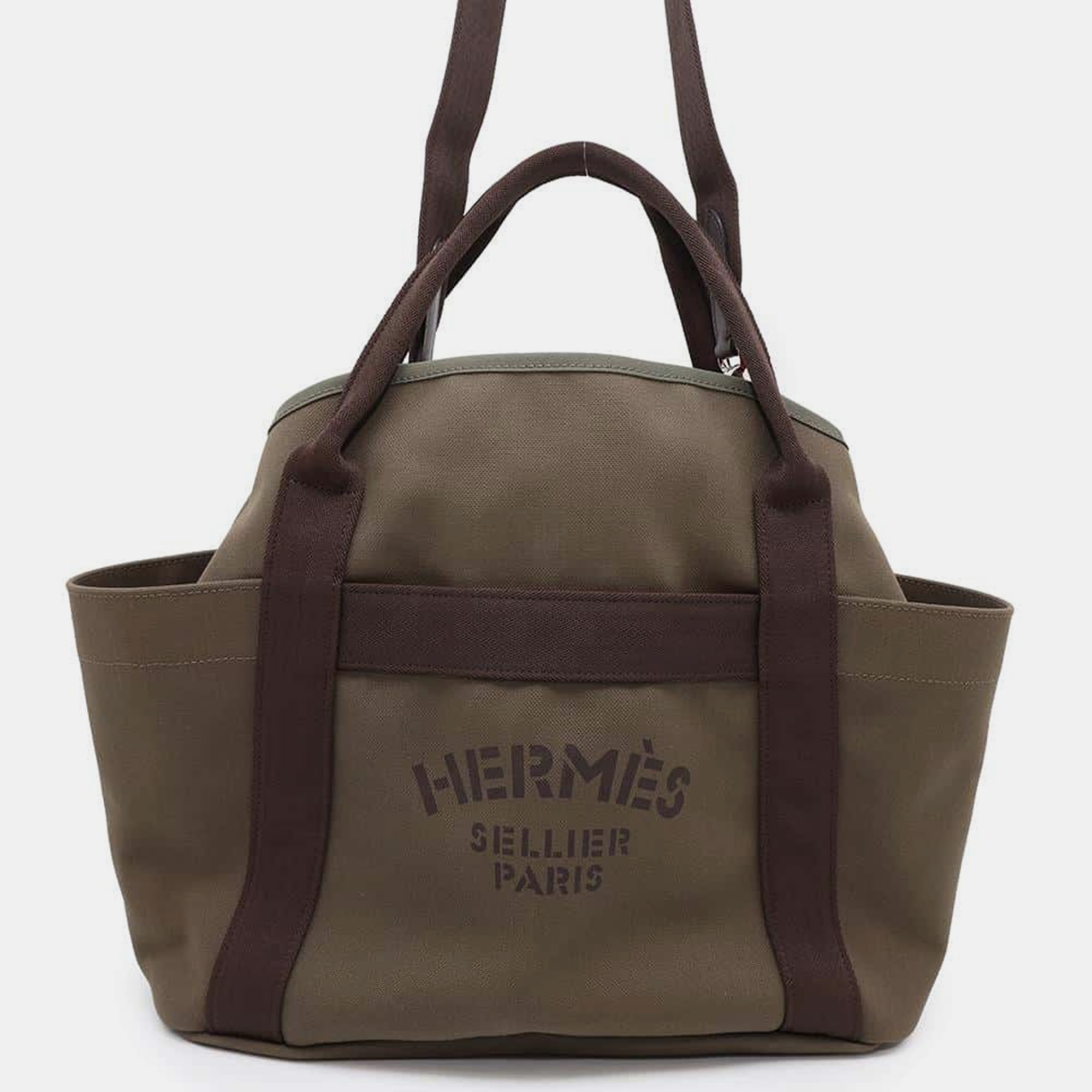 

Hermes Groom Khaki/Fu Canvas Leather Sac De Pansage Bag, Brown