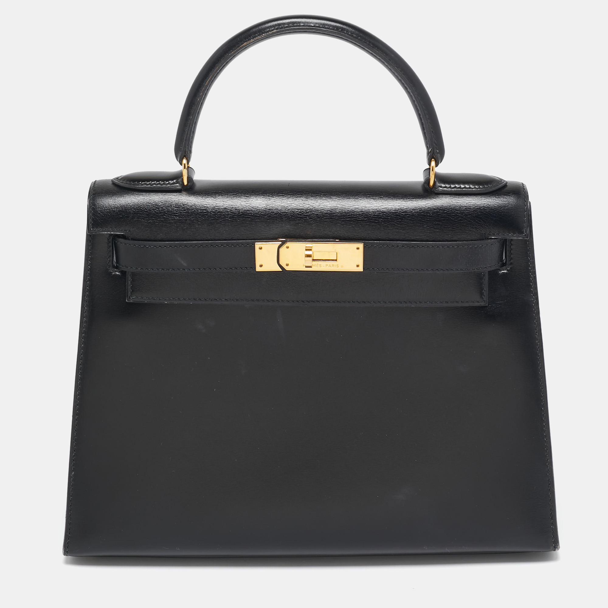 

Hermes Noir Box Leather Gold Finish Kelly Sellier 28 Bag, Black