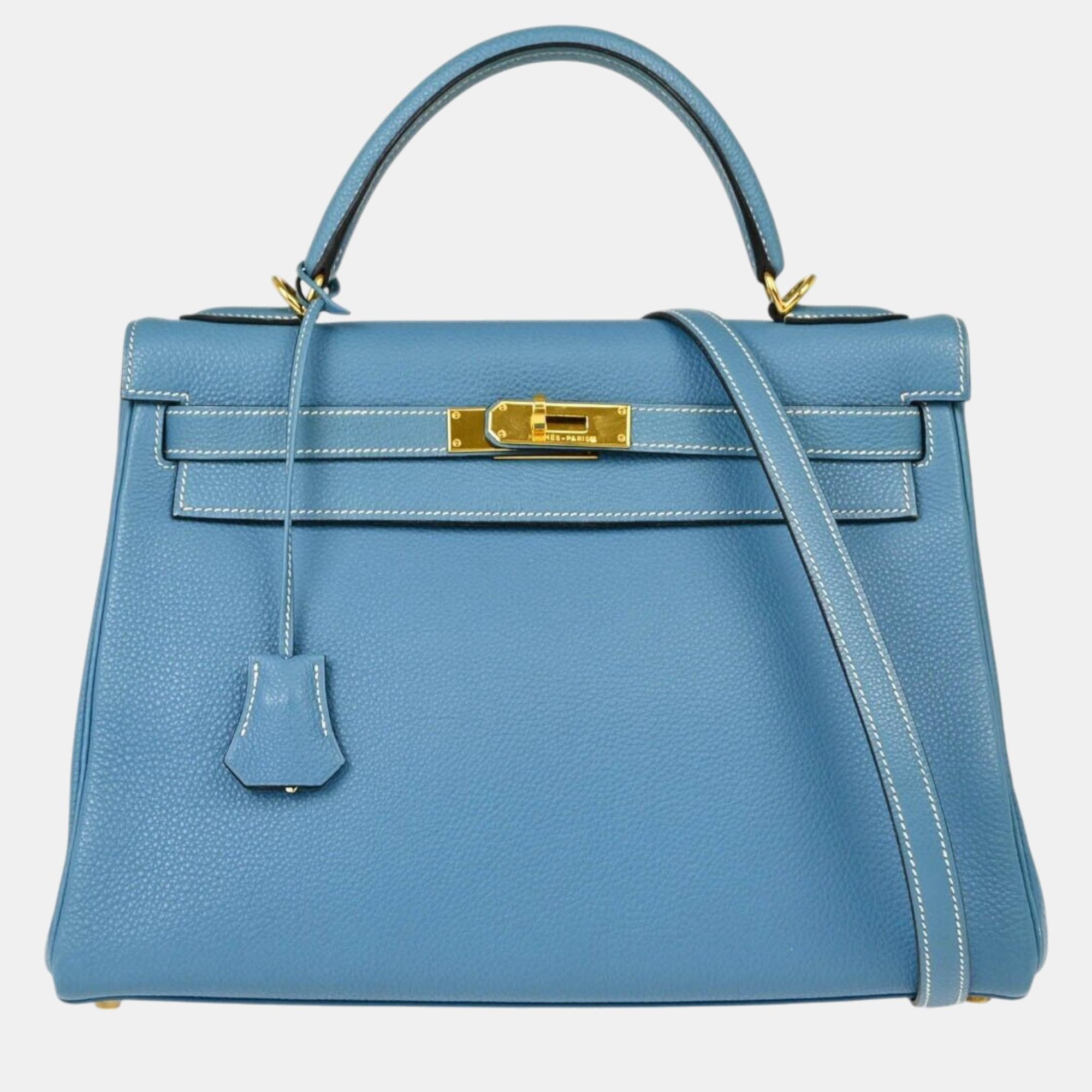 

Hermes Blue Jean Togo Kelly 32 Retourne Handbag