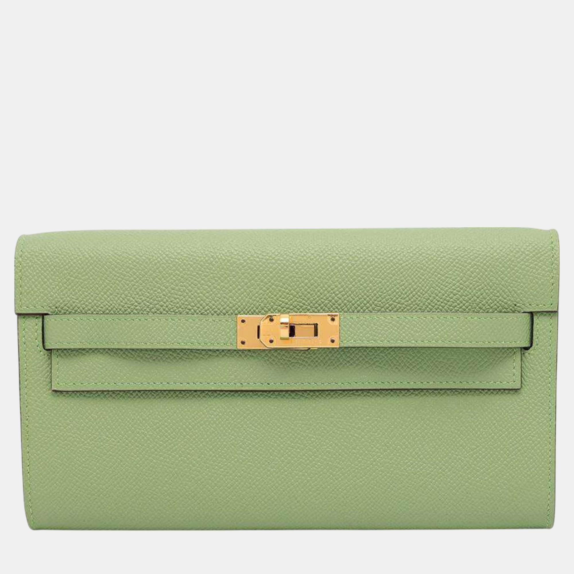 

Hermes Kelly Wallet Long To Go Verso Vert Cricket Blue Brume Epson, Green