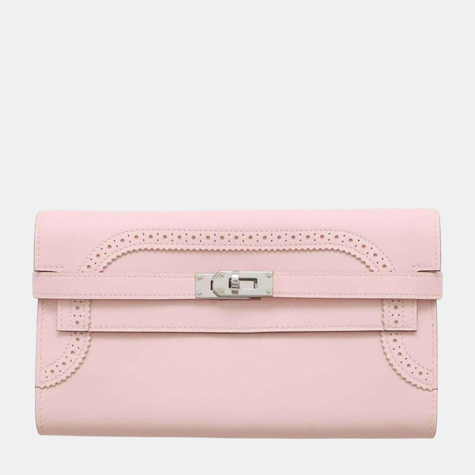 

Hermes Rose Sakura Swift Leather Kelly Ghillies Long Wallet, Pink