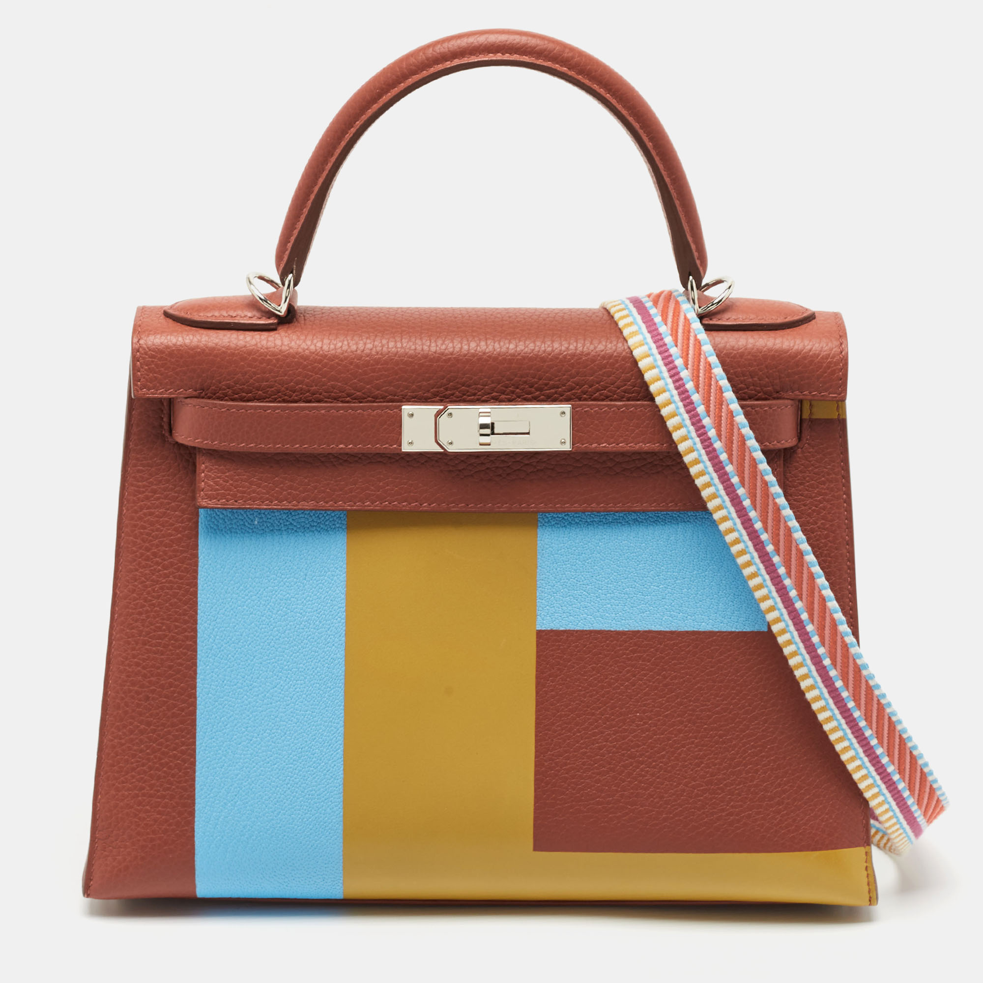 

Hermès Brique/Celeste/Cardamome Clemence/Tadelakt/Chevre Leather Palladium Finish Kellygraphie "Lettre E" Kelly Sellier 28 Bag, Multicolor