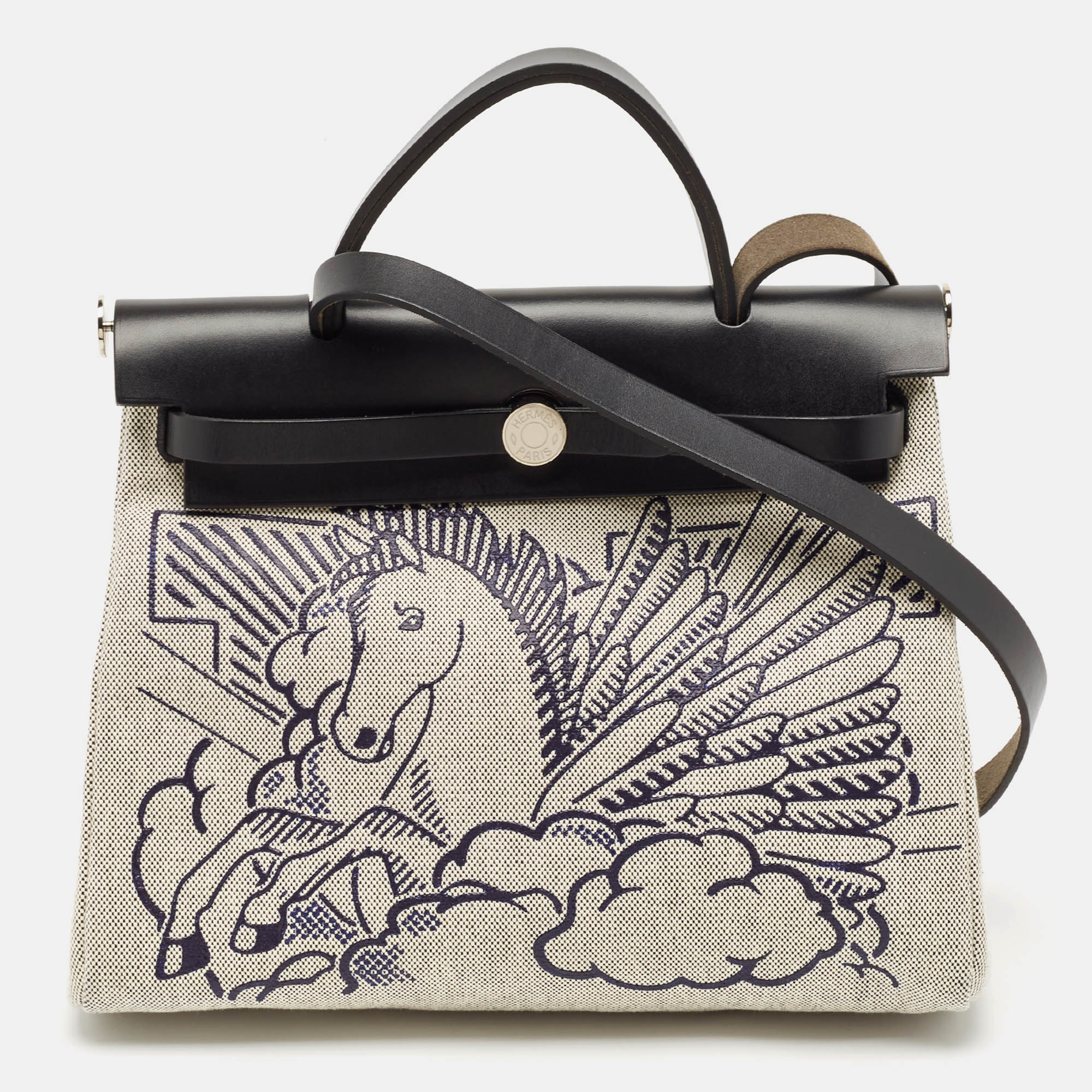 

Hermès Ecru/Noir/ Bleu Indigo Toile H and Vache Hunter Pegase Pop Herbag Zip 31 Bag, Beige