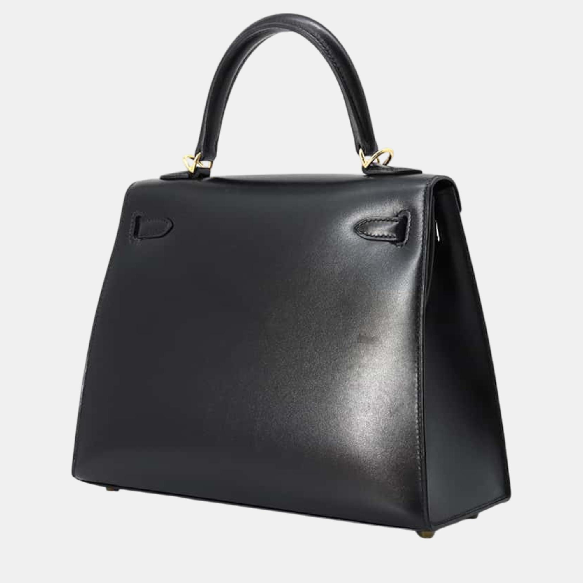 Hermes Black Box Calf Leather Kelly 25 Tote Bag 