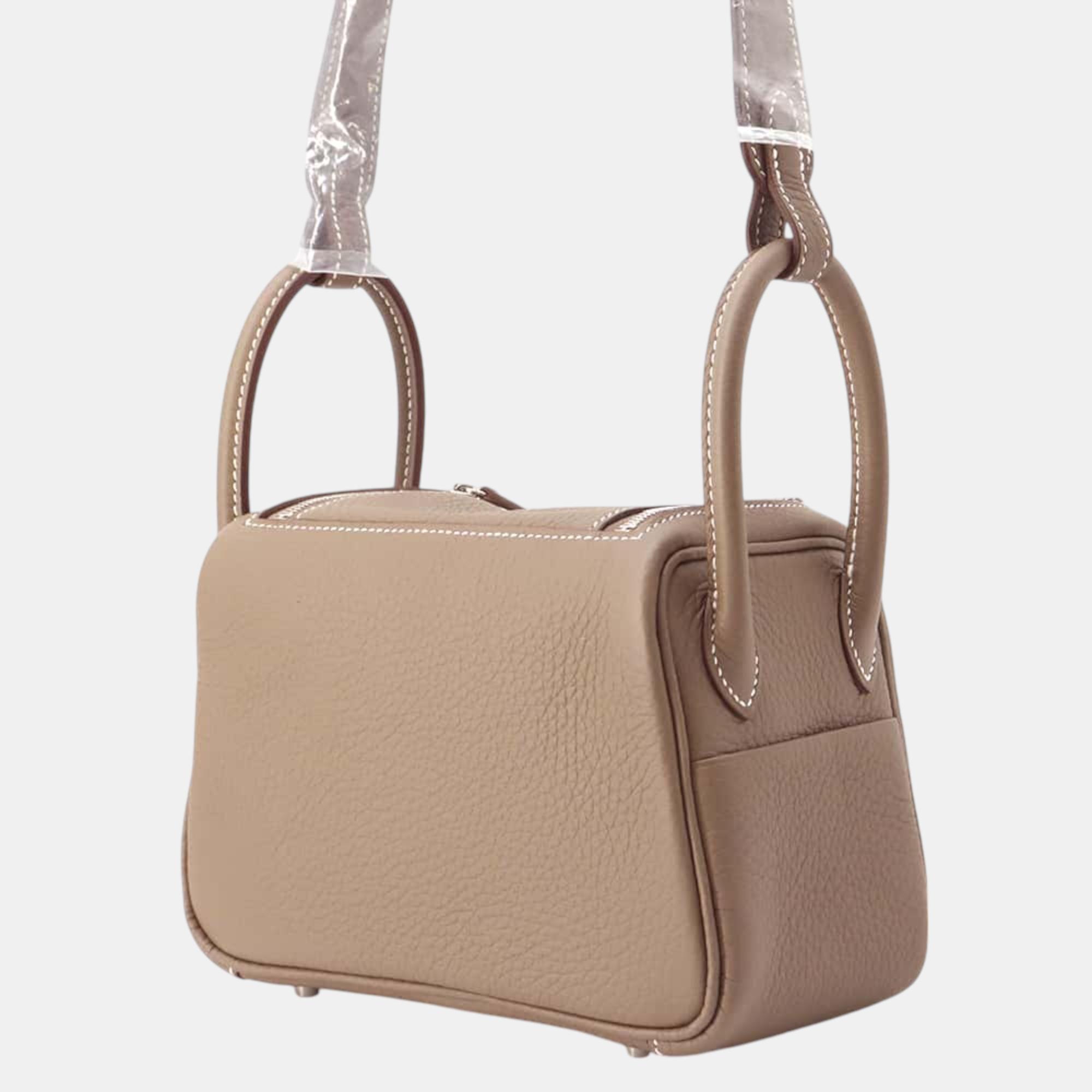 Hermes Etoupe Taurillon Clemence Leather Mini Lindy Shoulder Bag 