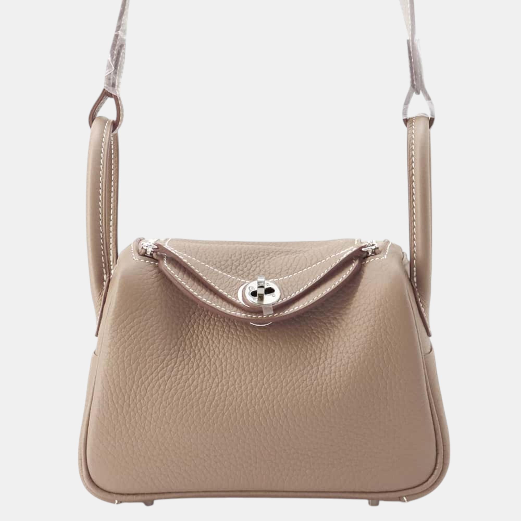 

Hermes Etoupe Taurillon Clemence Leather Mini Lindy Shoulder Bag, Beige