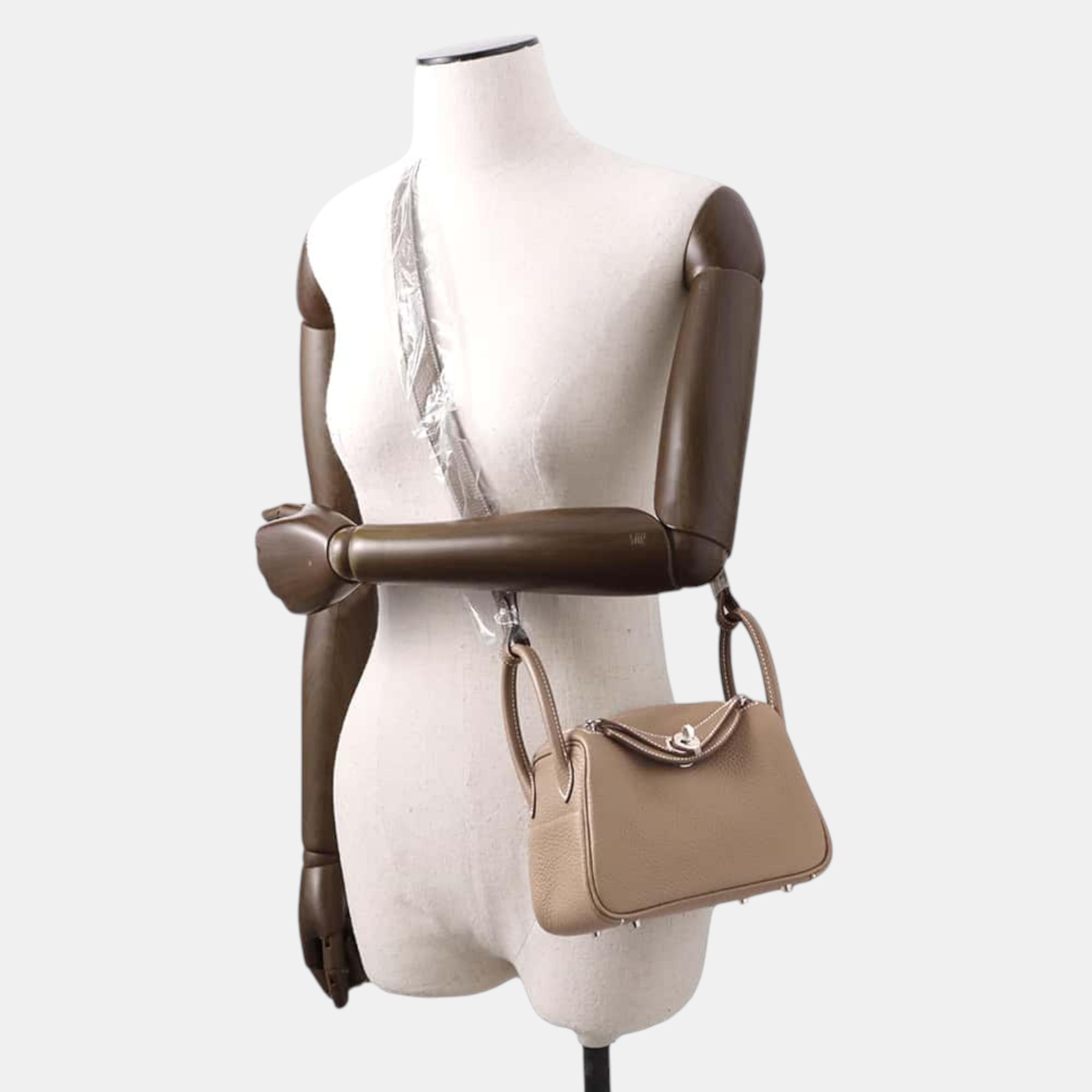 Hermes Etoupe Taurillon Clemence Leather Mini Lindy Shoulder Bag 
