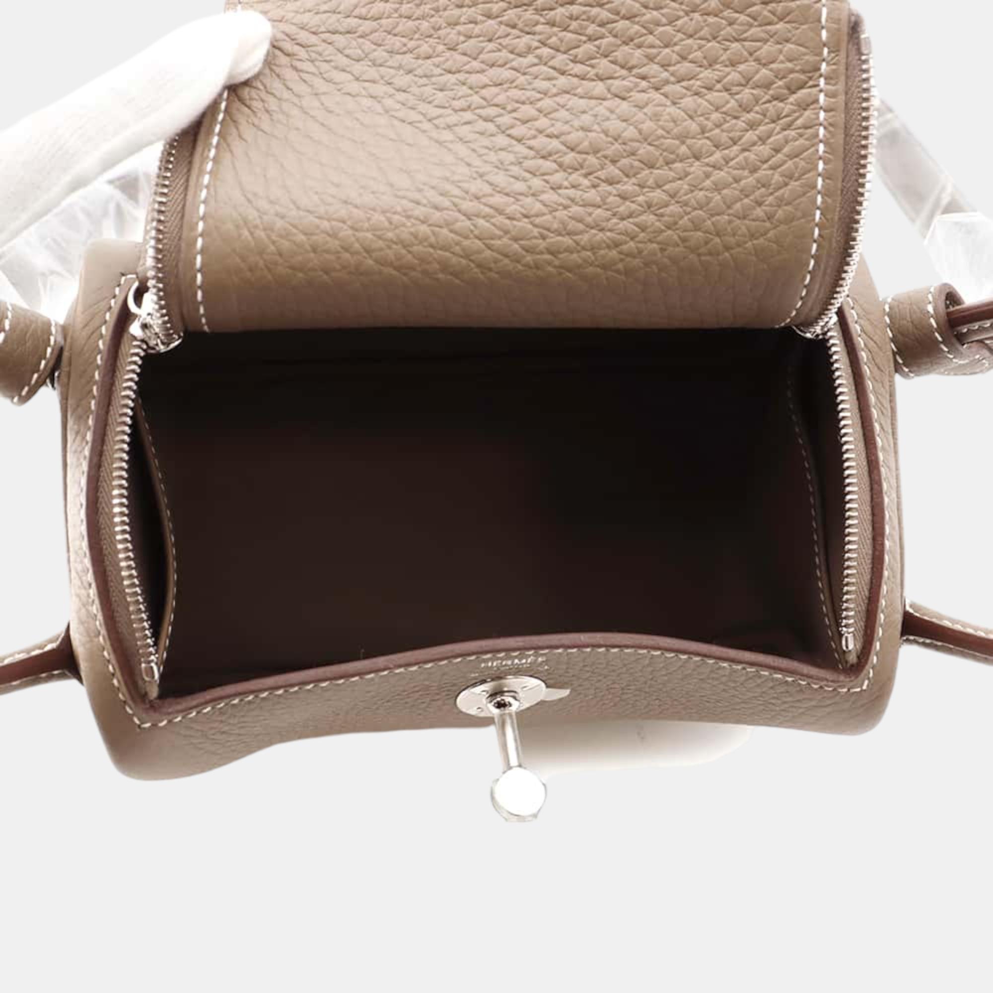 Hermes Etoupe Taurillon Clemence Leather Mini Lindy Shoulder Bag 