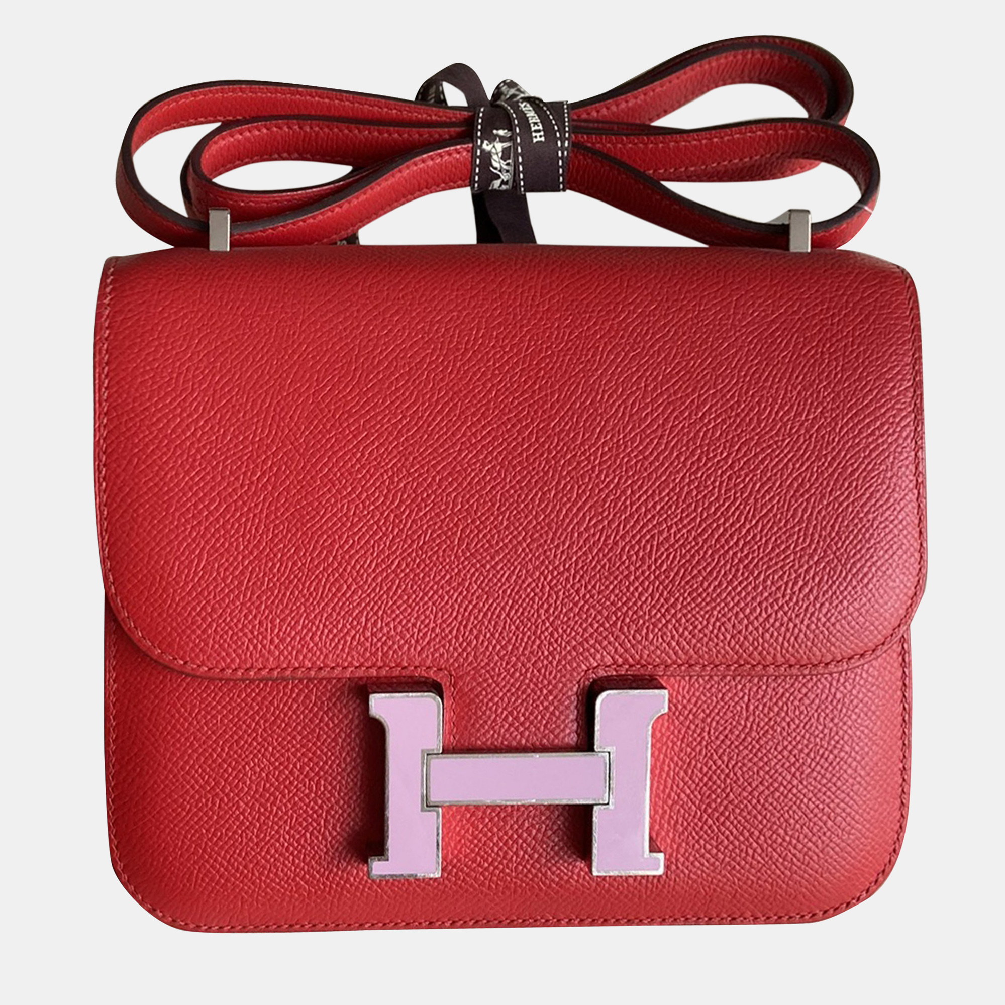 

Hermes New Red Pink Enamel Buckle Constance 19 bag