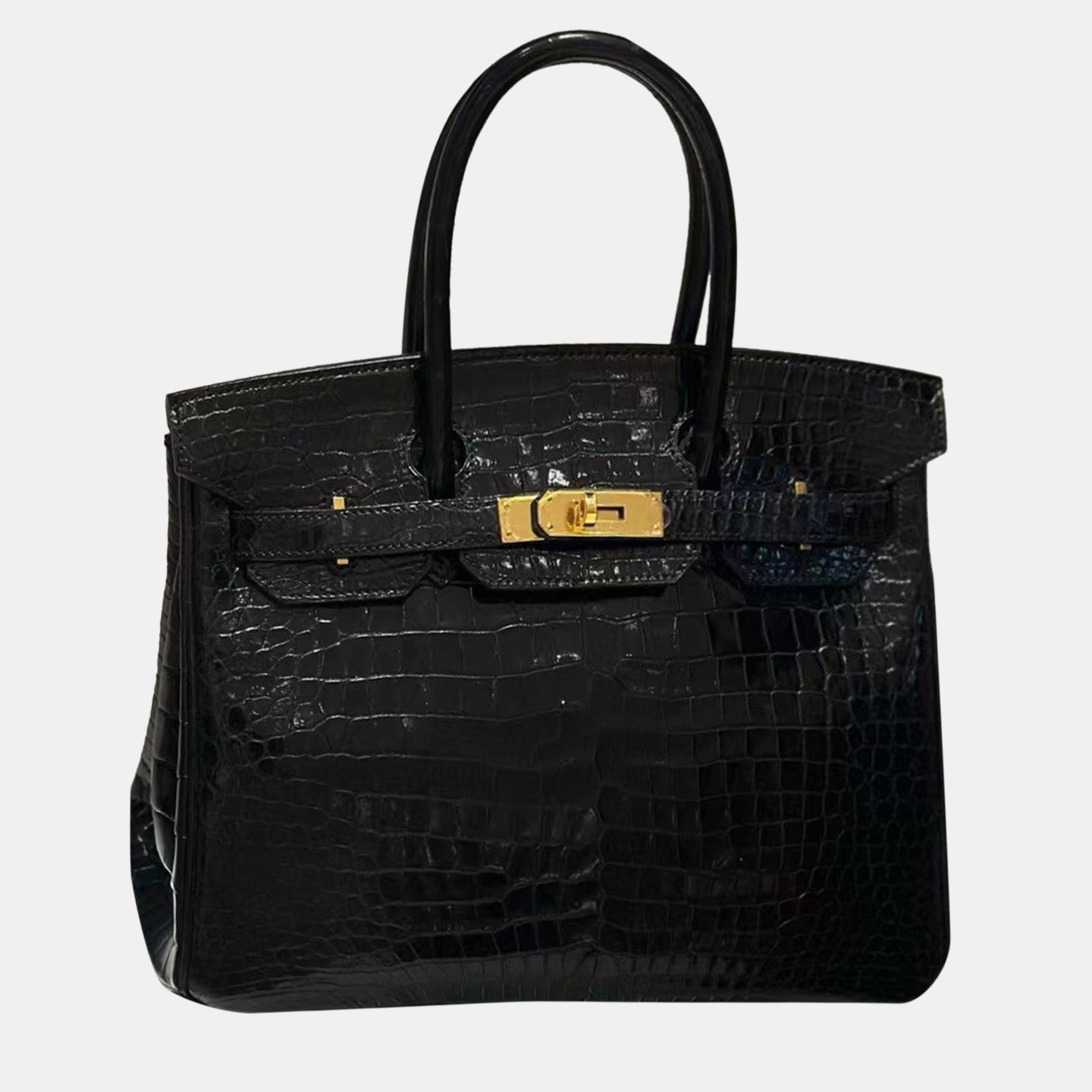 

Hermes Black Shiny Crocodile Leather Birkin 30 Tote Bag