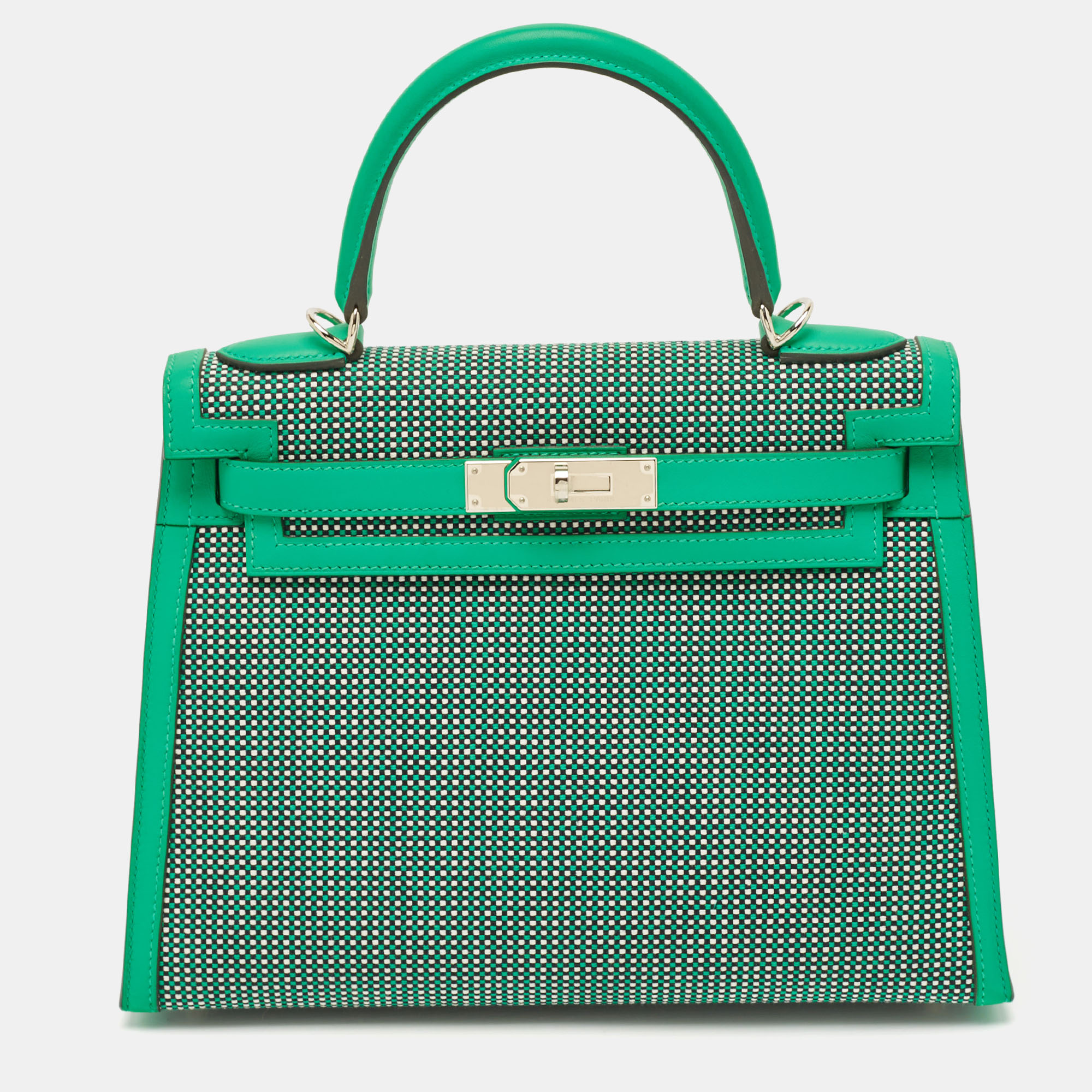 

Hermes Menthe Toile Quadrille and Swift Leather Palladium Finish Kelly Sellier 28 Bag, Green