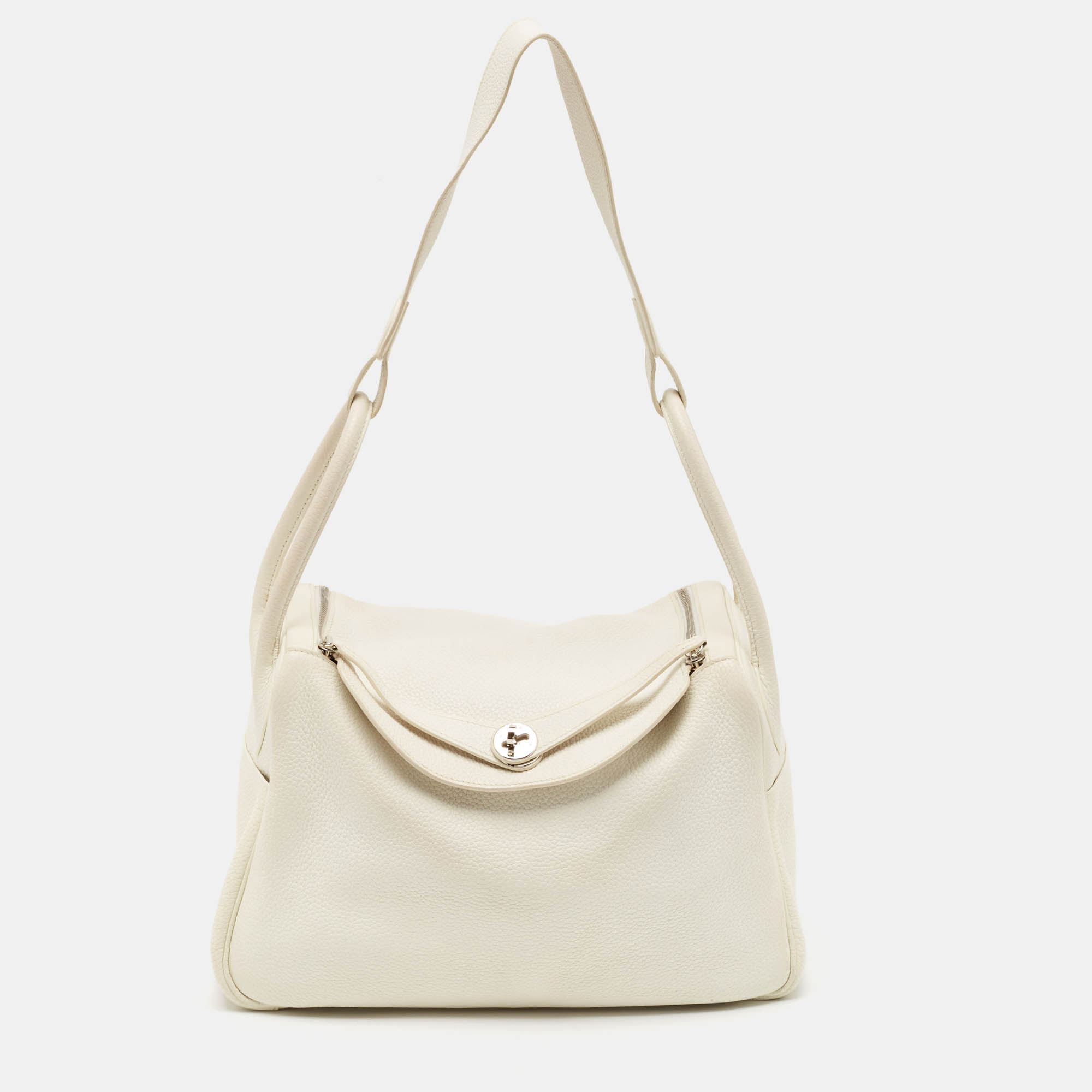 

Hermes Blanc Taurillon Clemence Leather Palladium Finish Lindy 34 Bag, White