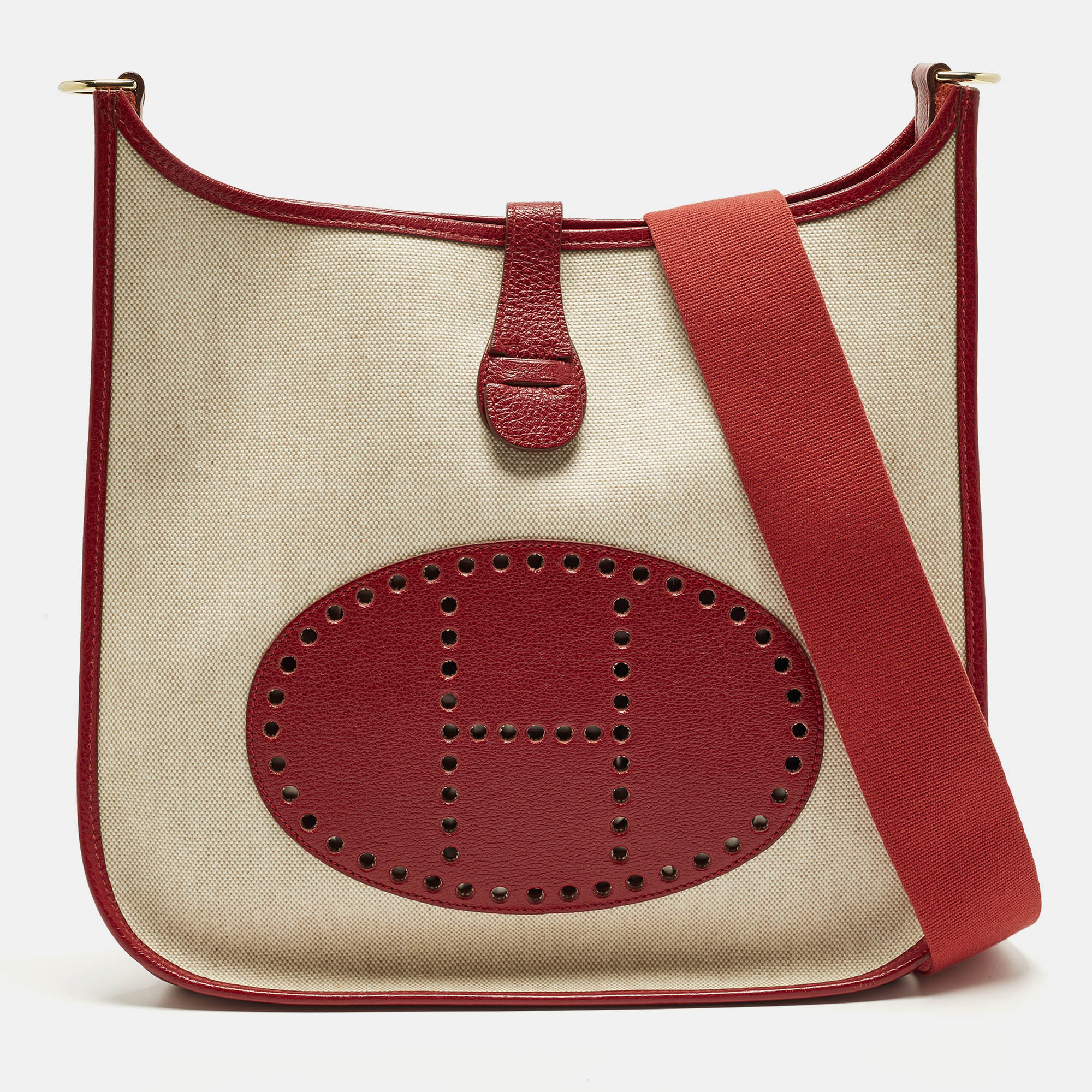 

Hermes Evelyne I GM Ecru/Rouge Coated Canvas and Leather Shoulder Bag, Beige