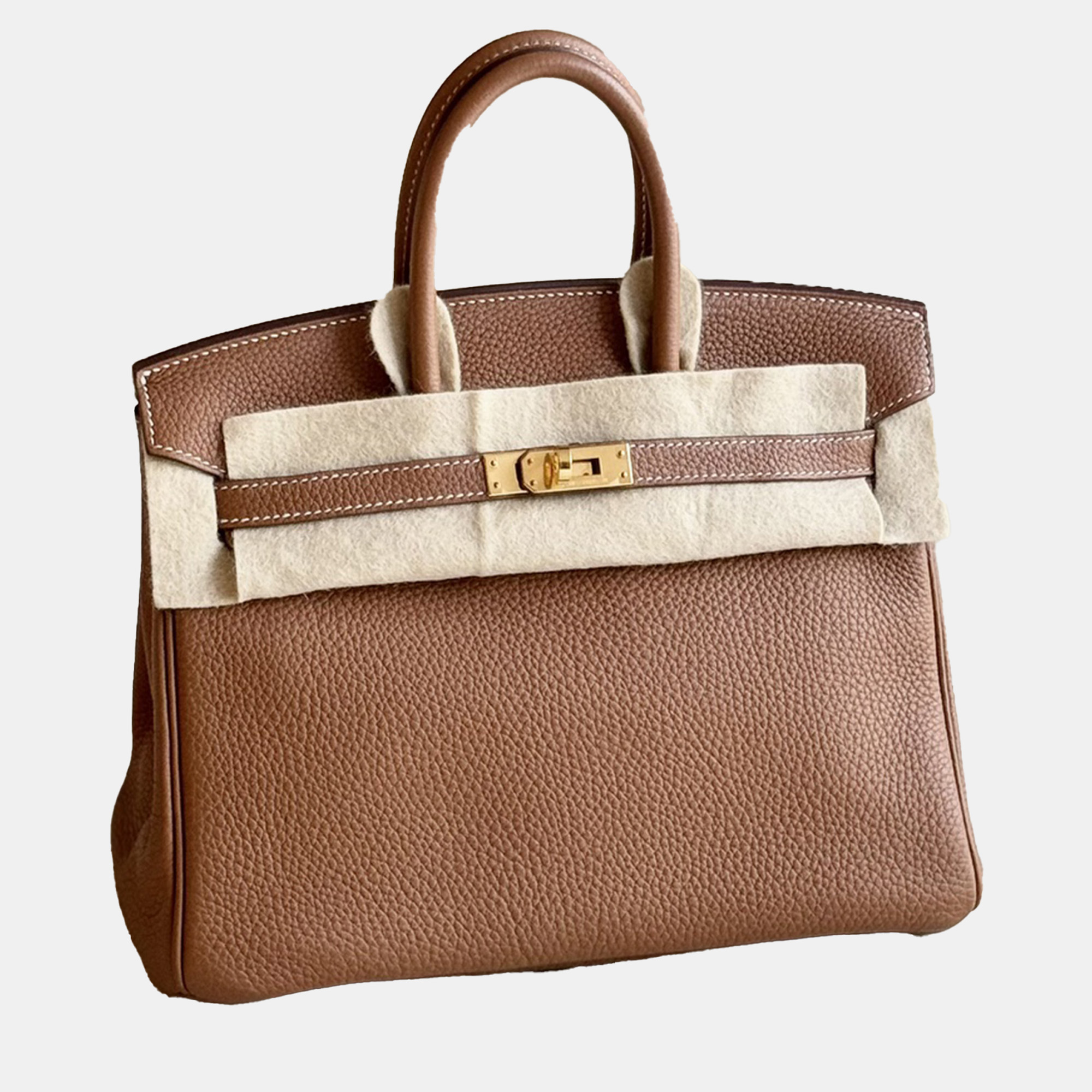 

Hermes Gold/Brown Togo Leather Brikin 25 Top Handle Bag