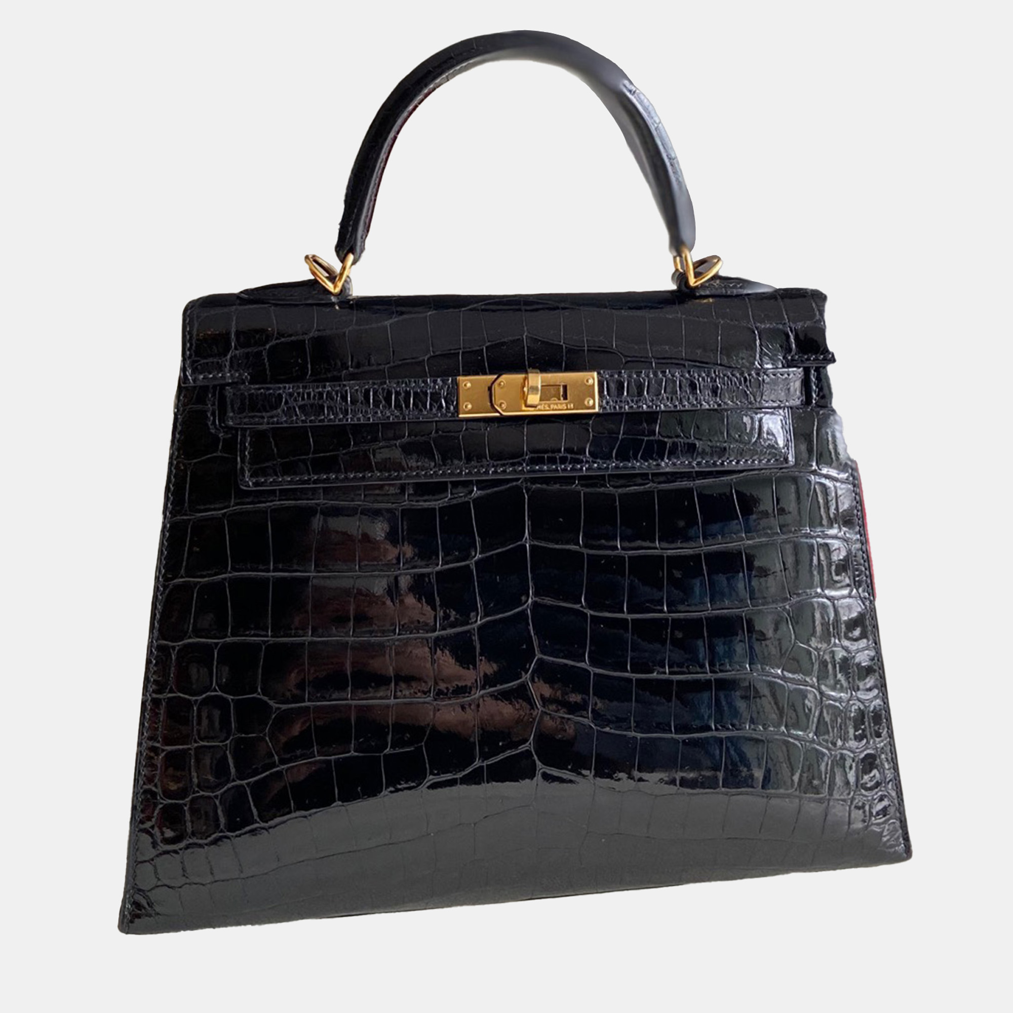 

Hermes Black Shiny Crocodile Leather Kelly 25 Top Handle Bag