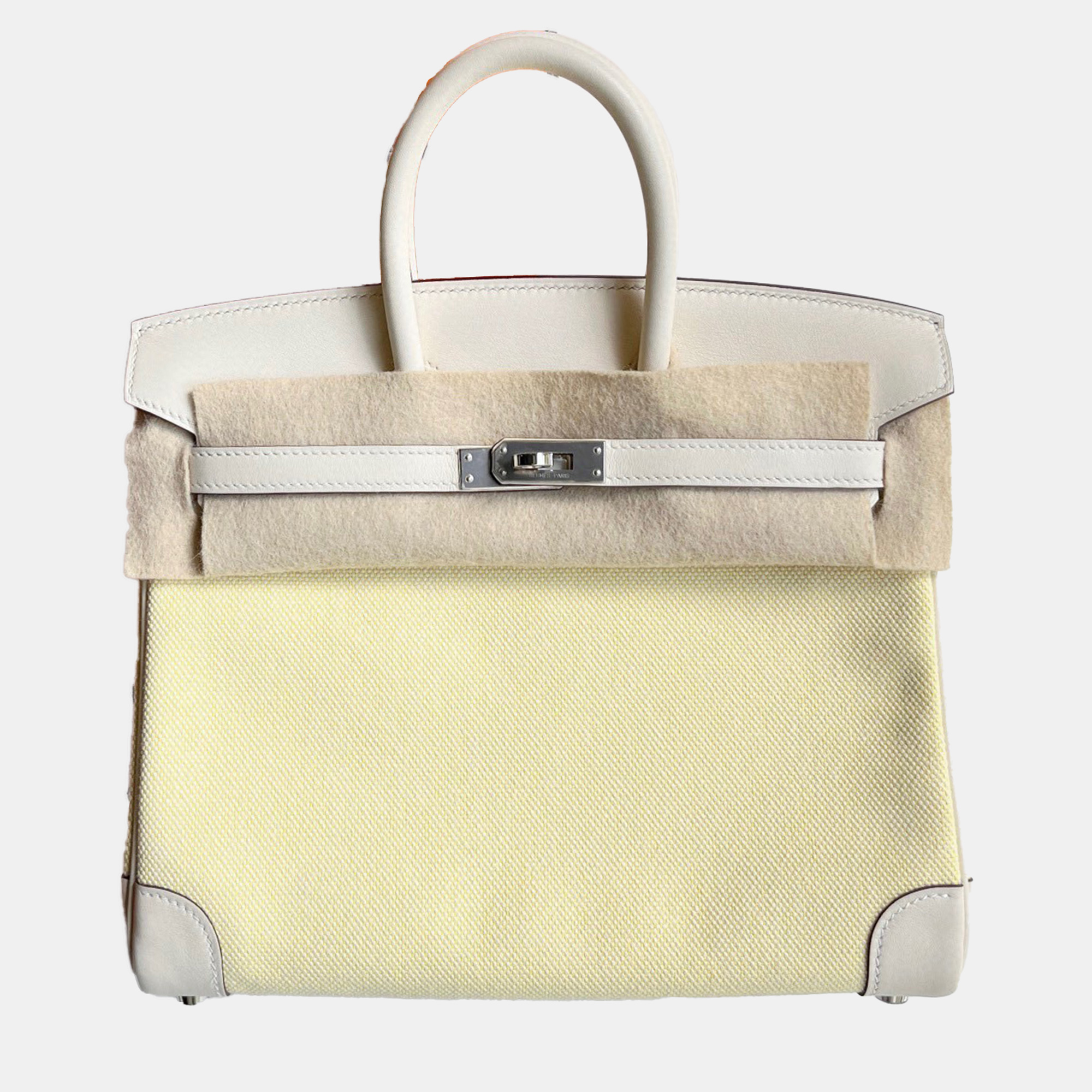 

Hermes Chick Yellow and Cream White Canvas and Leather Birkin 25 Bag