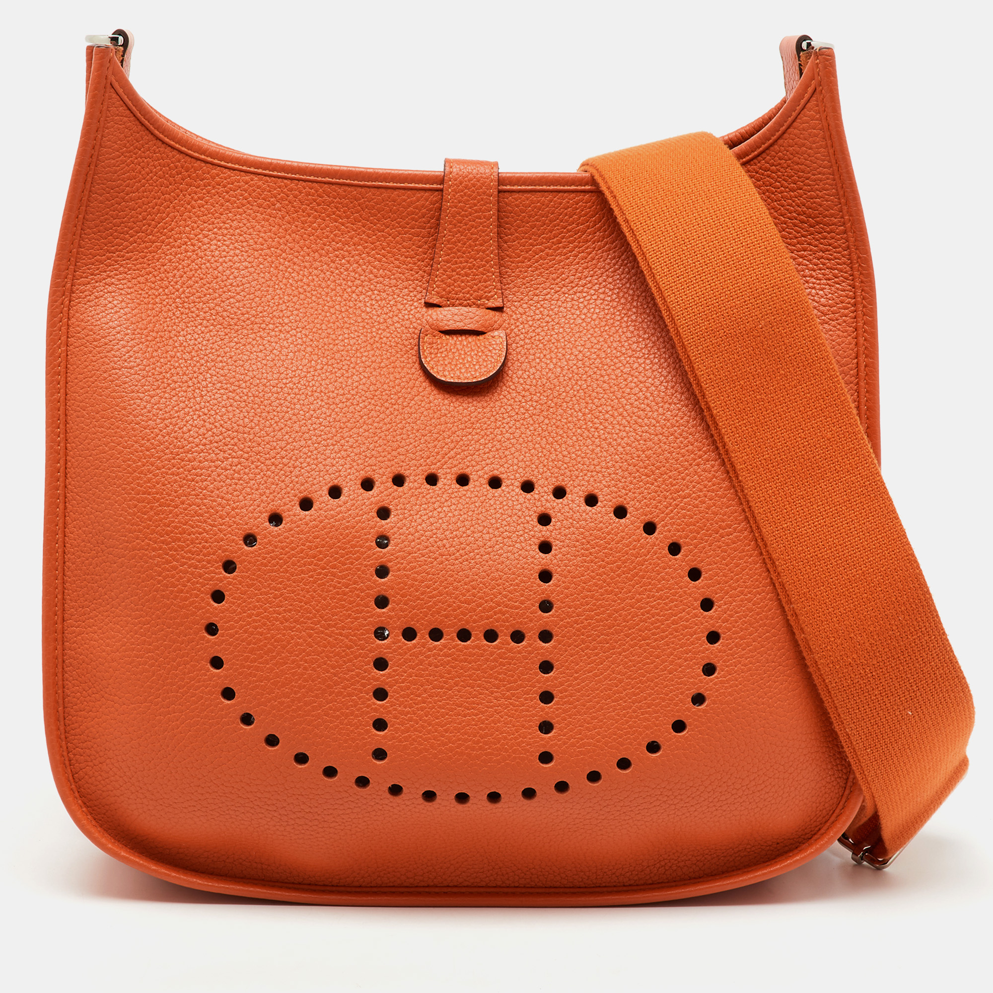

Hermes Orange Taurillon Clemence Leather Evelyne III GM Bag