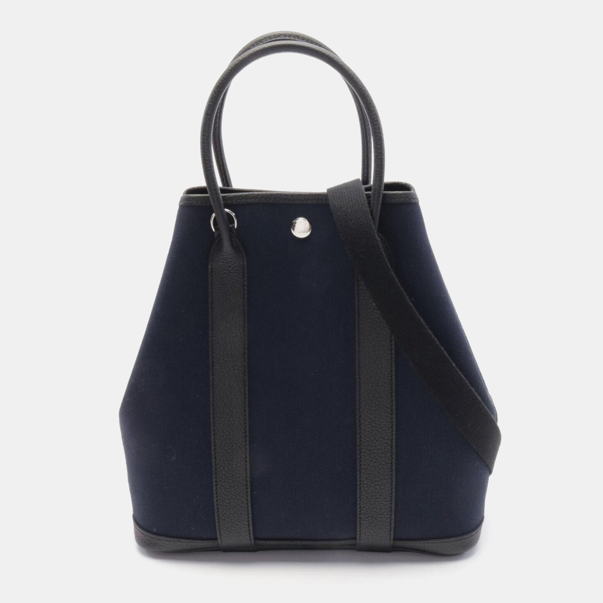 

Hermes Garden File Pm Tote Bag Y Toile Military Leather Blue Indigo
