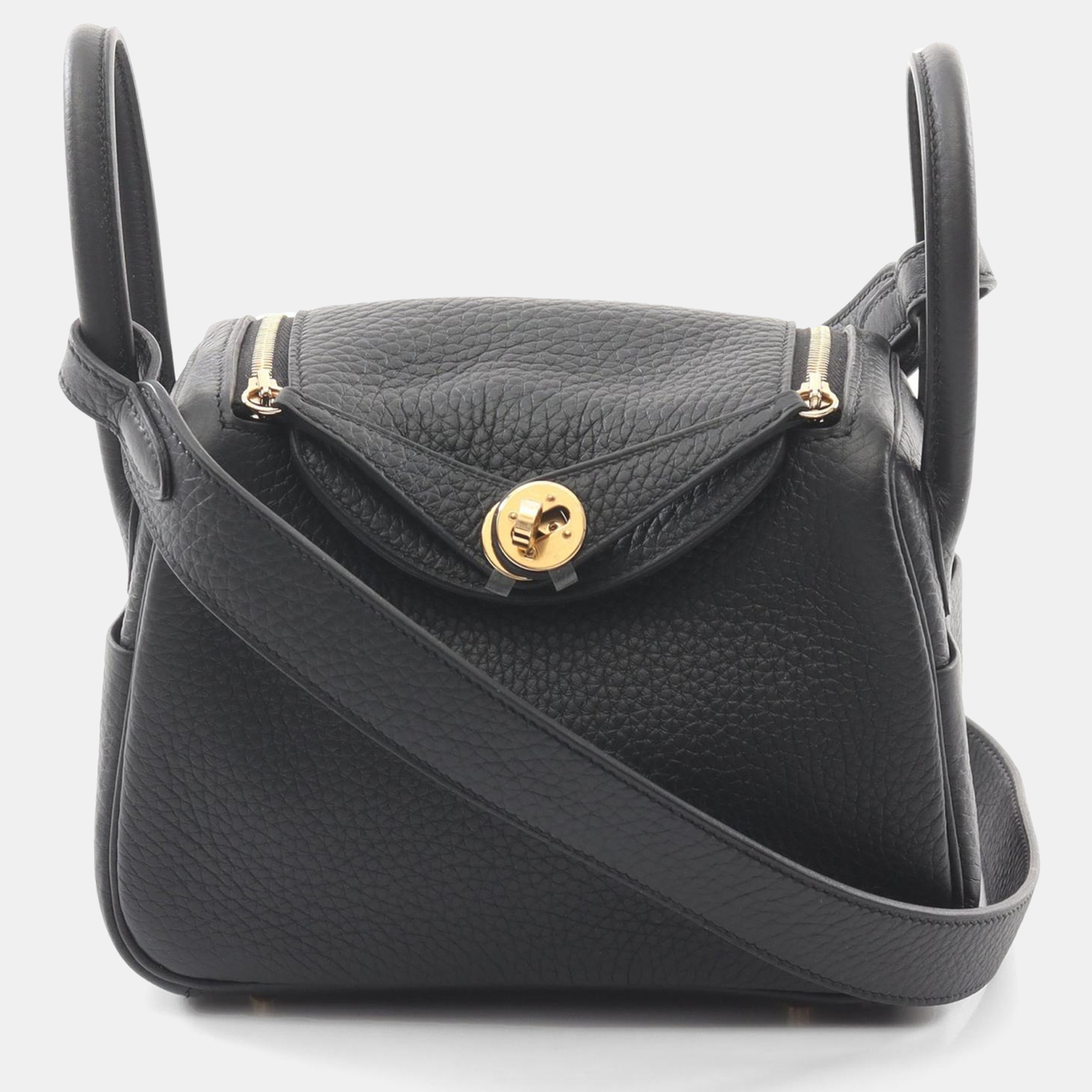 Pre-owned Hermes Black Taurillon Clemence Lindy Mini Shoulder Crossbody Bag Ghw