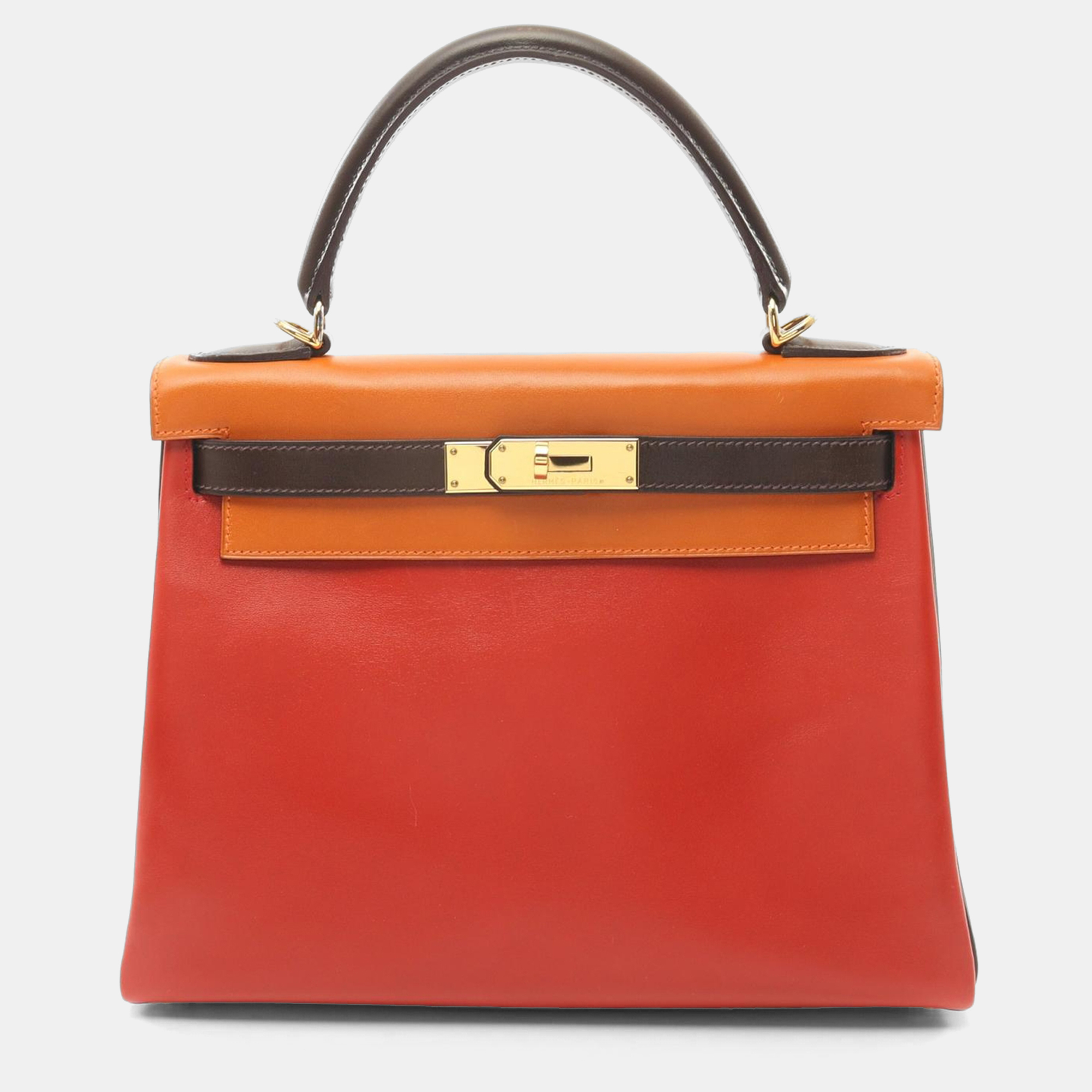 

Hermes Tri-color Box Calf Leather Kelly 28 Handbag, Red