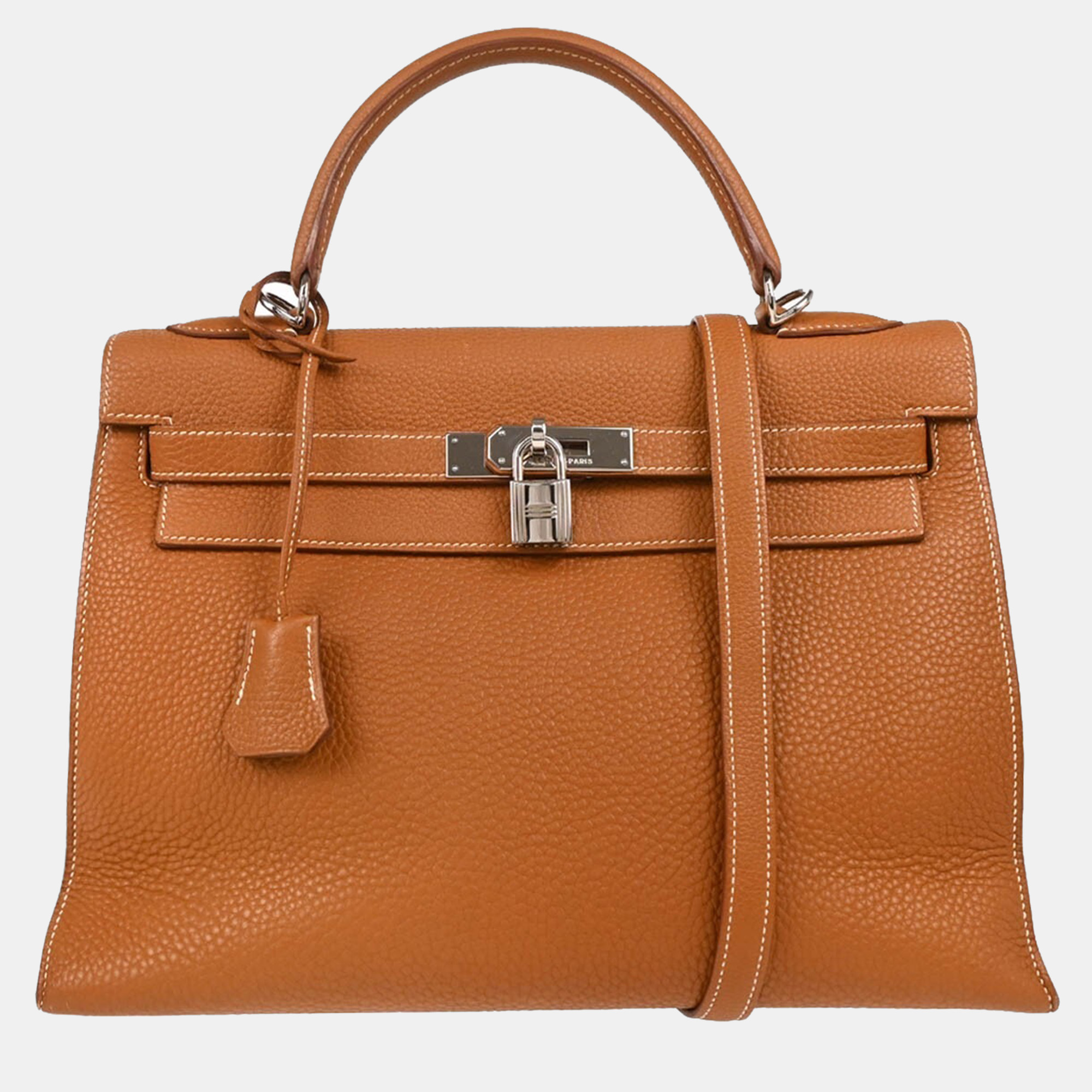 

Hermes Gold Taurillon Clemence Kelly 32 Handbag, Brown
