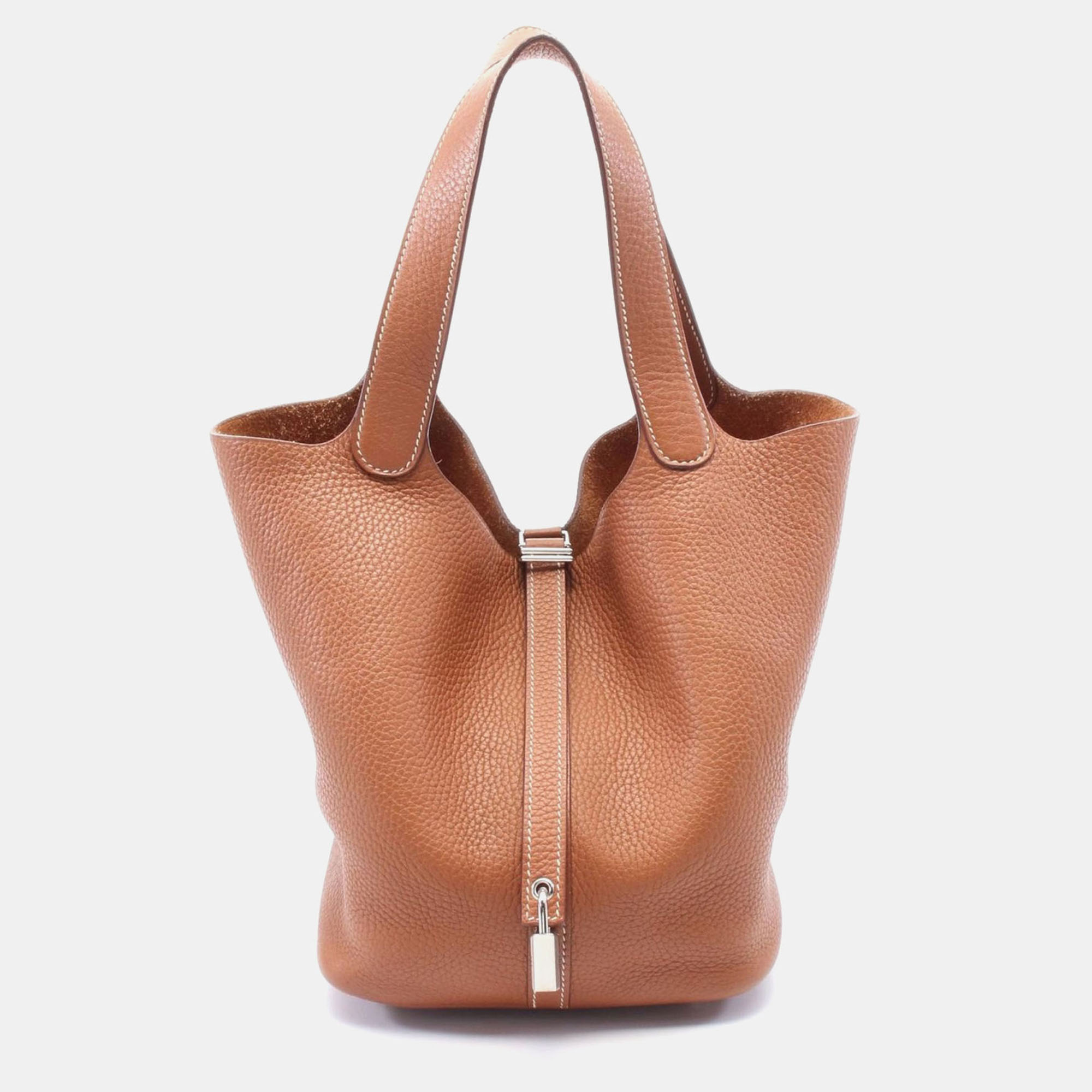 

Hermes Brown C Shw Clemence Leather Picotin Lock MM Handbag, Gold