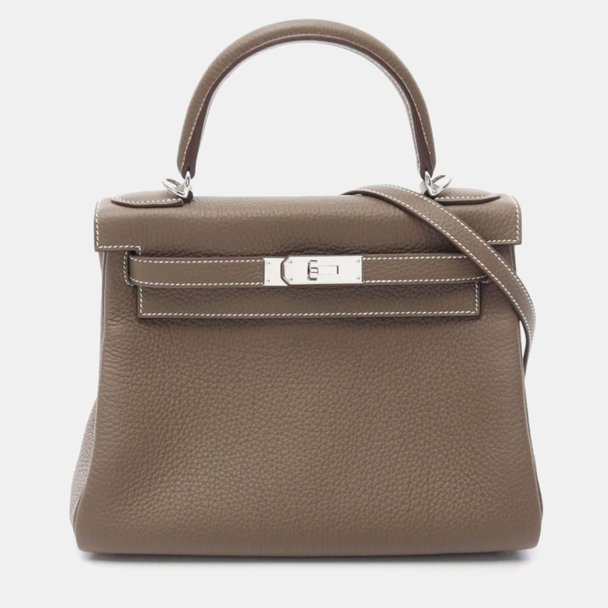 

Hermes Etoupe Taurillon Clemence Leather Kelly 28 Handbag, Grey