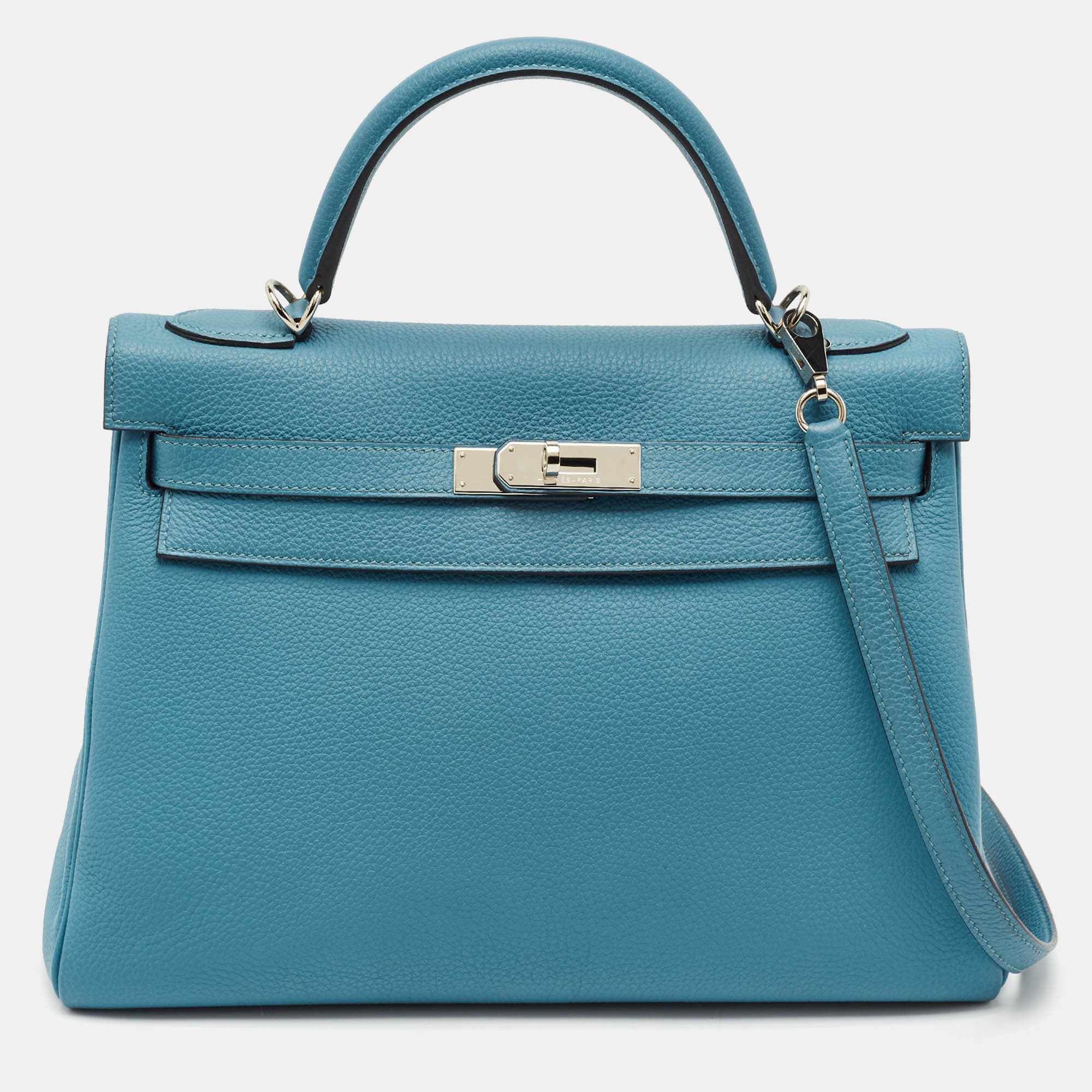 

Hermes Bleu Jean Togo Leather Palladium Finish Kelly Retourne 32 Bag, Blue