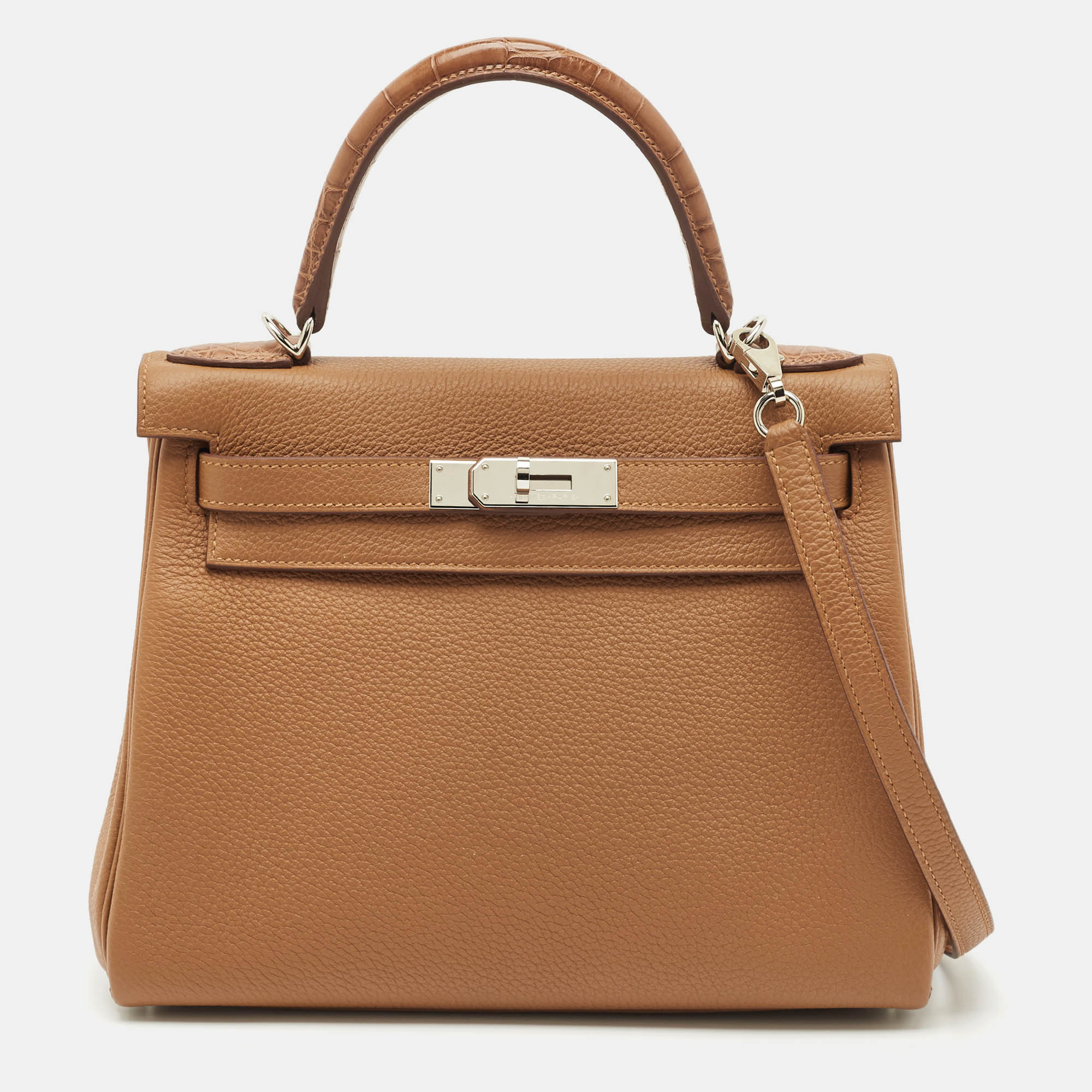 

Hermès Gold Matte Alligator and Togo Leather Palladium Finish Kelly Retourne Touch 28 Bag, Brown