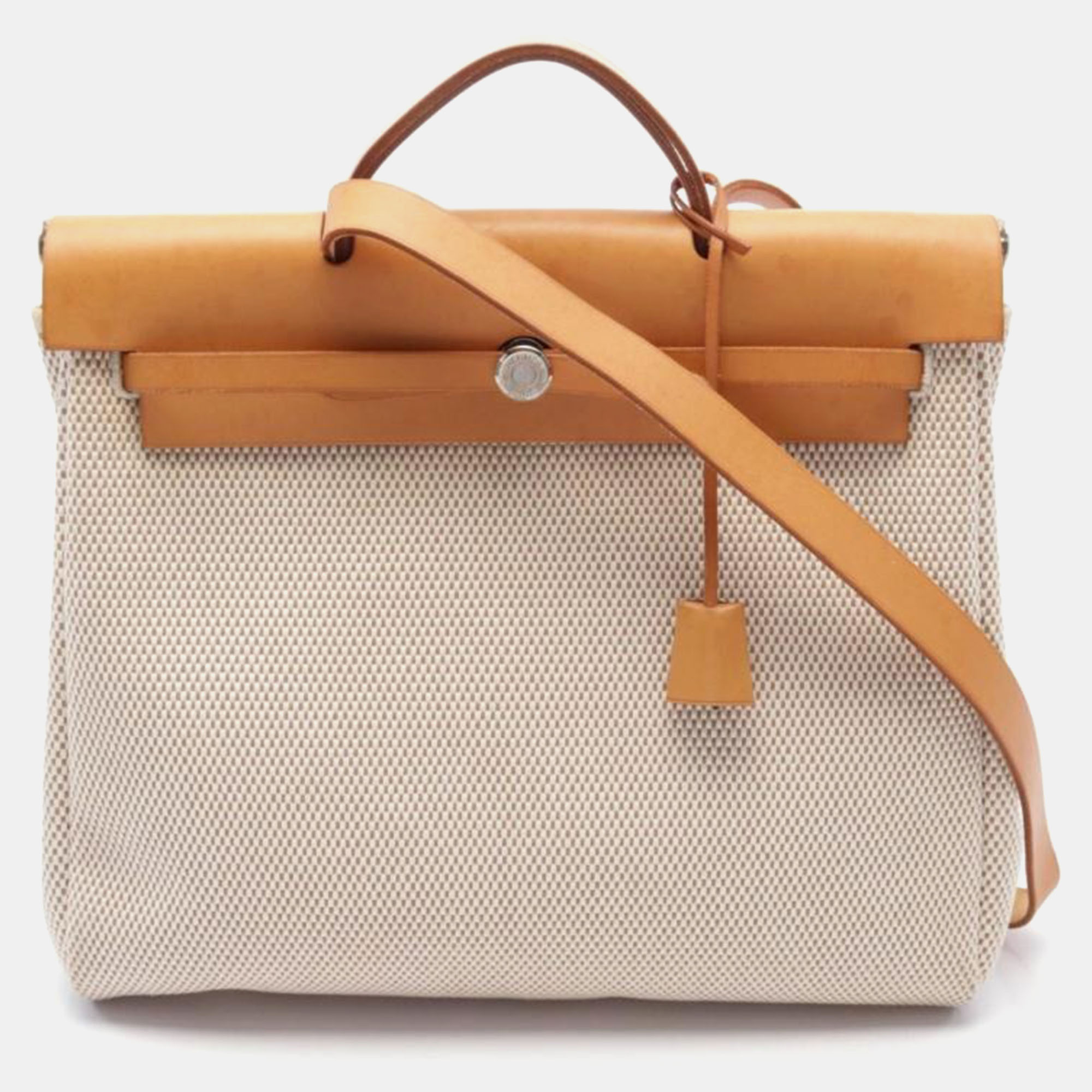 

Hermes Herbag MM Beige Brown Toile Canvas Leather Handbag