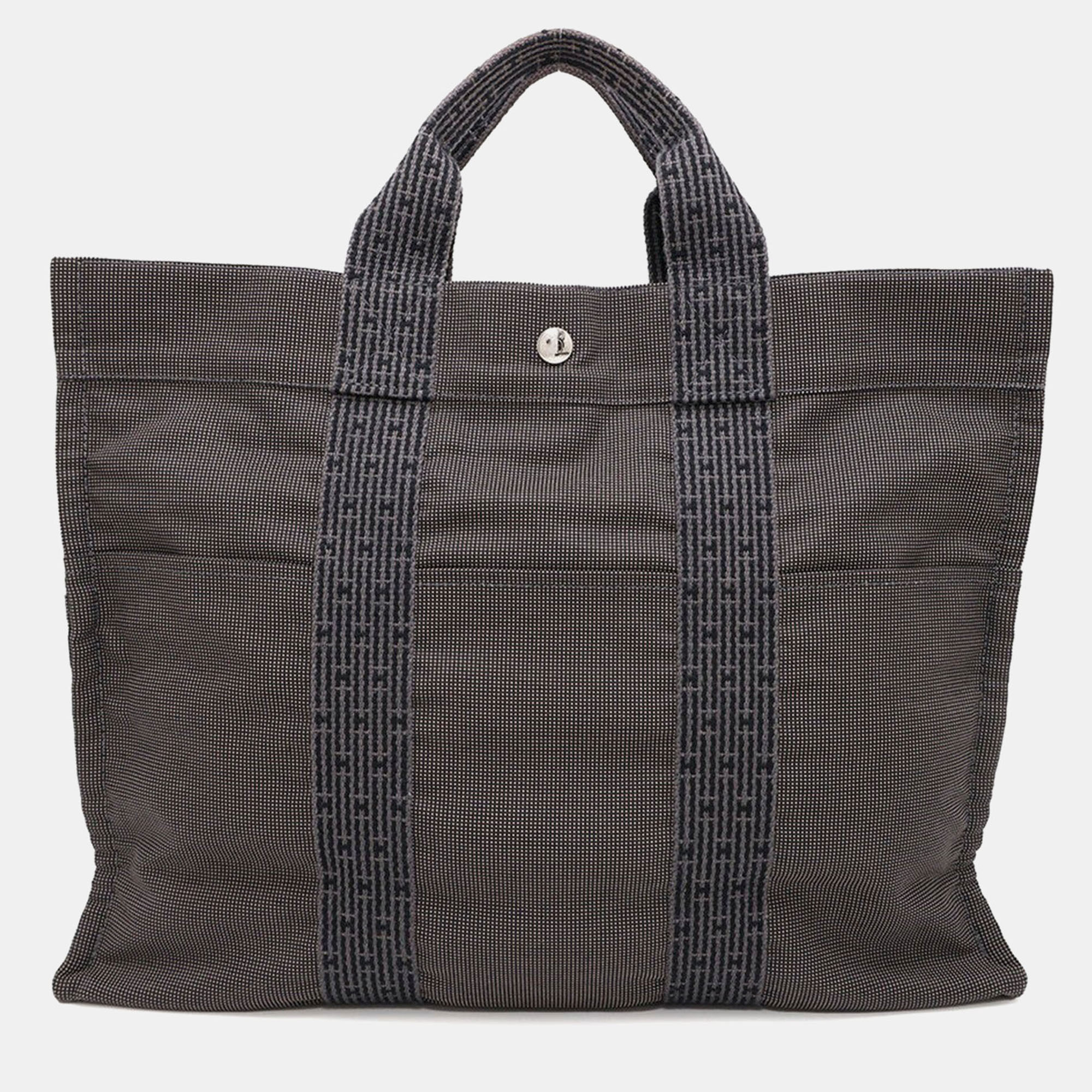 

Hermes Her Line MM Gray Nylon Canvas Tote, Black