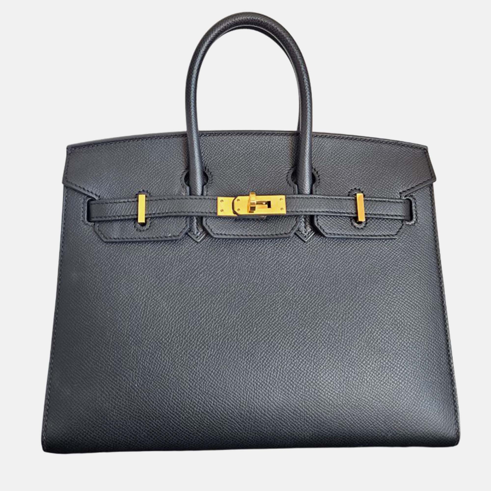 

Hermes Birkin 25 Black Epsom Sellier Leather Bag, Blue