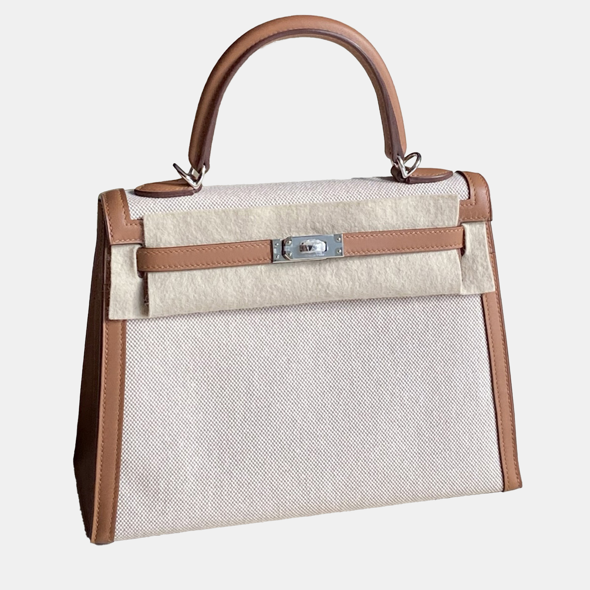 

Hermes Kelly 25 Gold Toile Canvas Leather Handbag