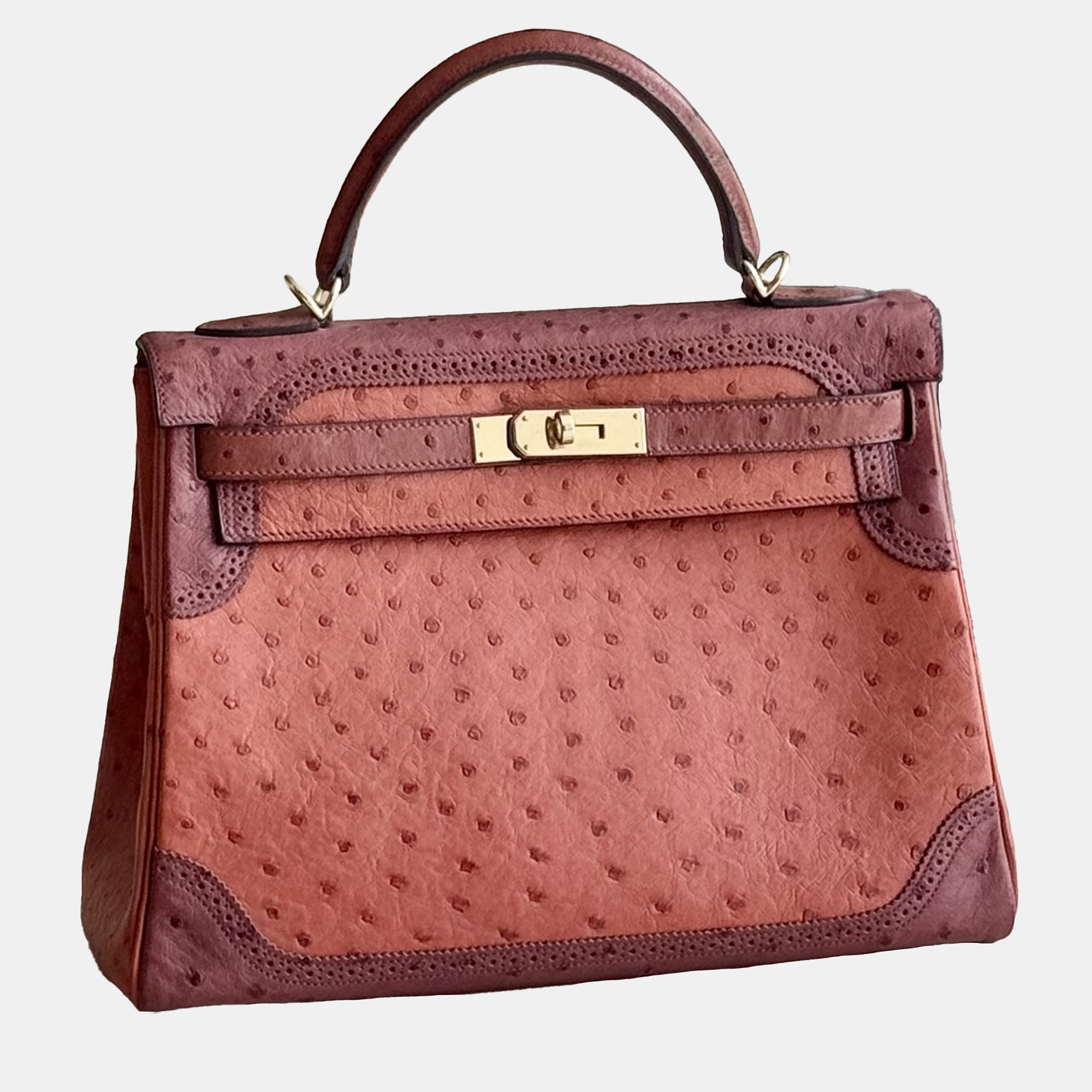 

Hermes Kelly 32 Red Ostrich Leather and Lace Trim Handbag
