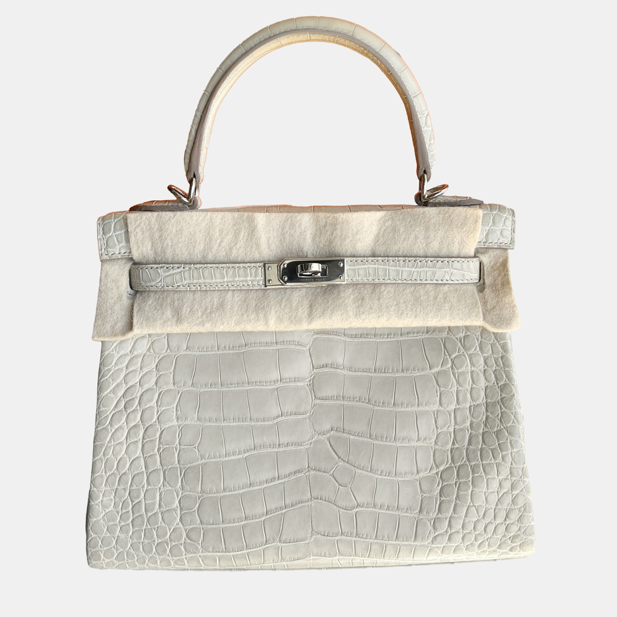 

Hermes Kelly 25 Beton Crcodile Leather Tote Bag, White