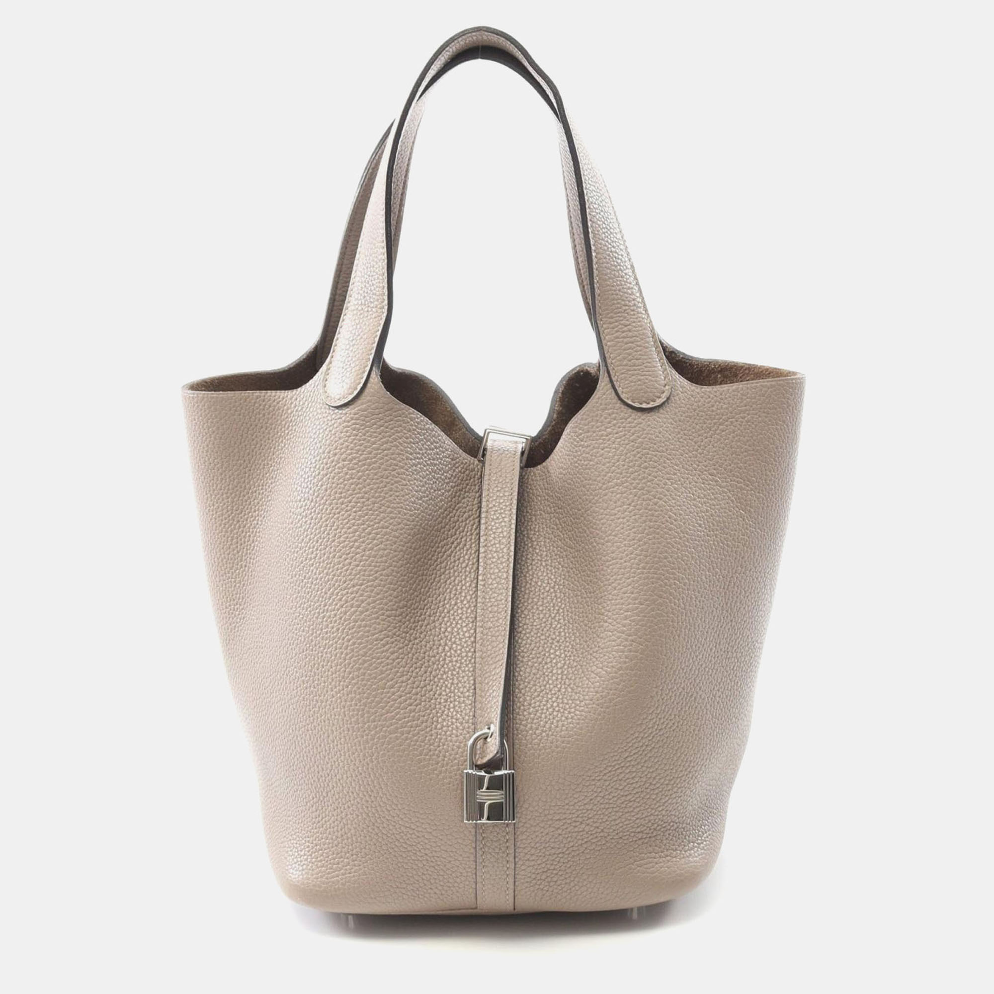 

Hermes Picotin Lock 22 Gris Tourterelle Taurillon Clemence Leather Tote Bag, Brown