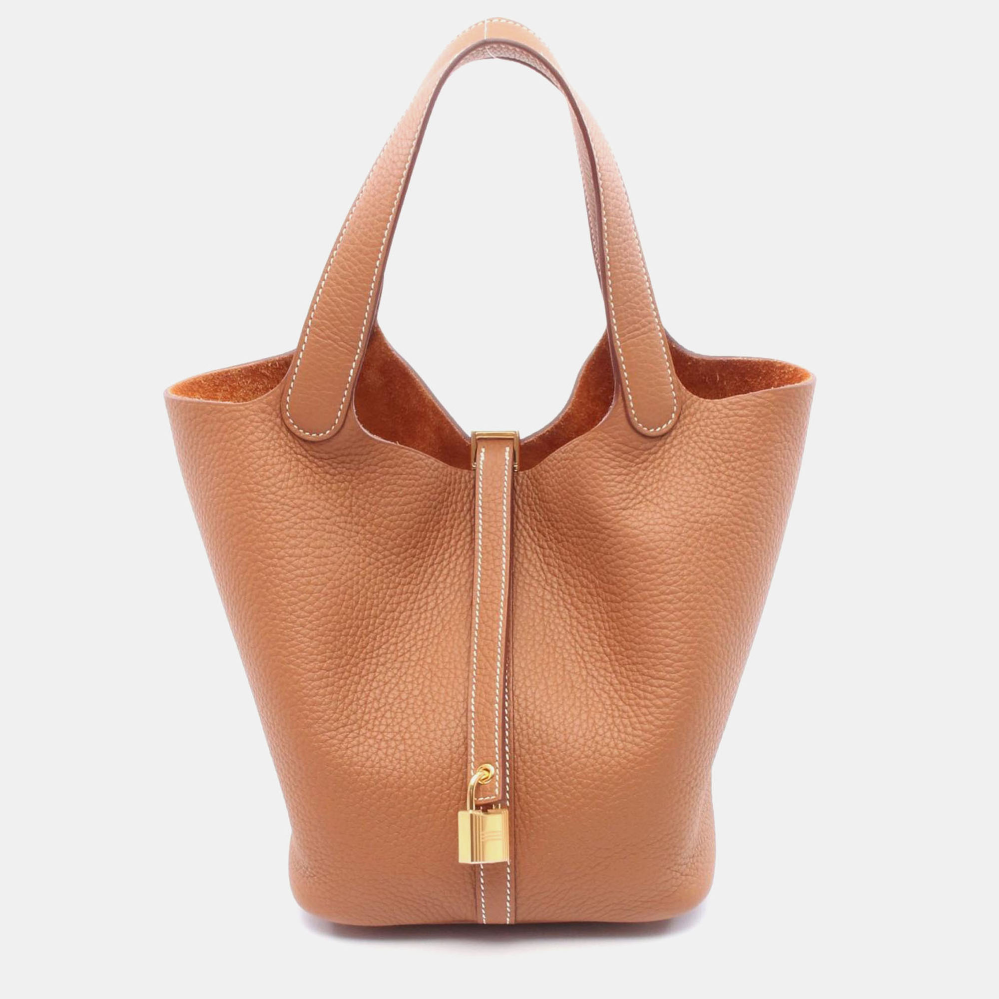 

Hermes Picotin Lock 22 Gold Taurillon Clemence Leather Tote Bag, Brown