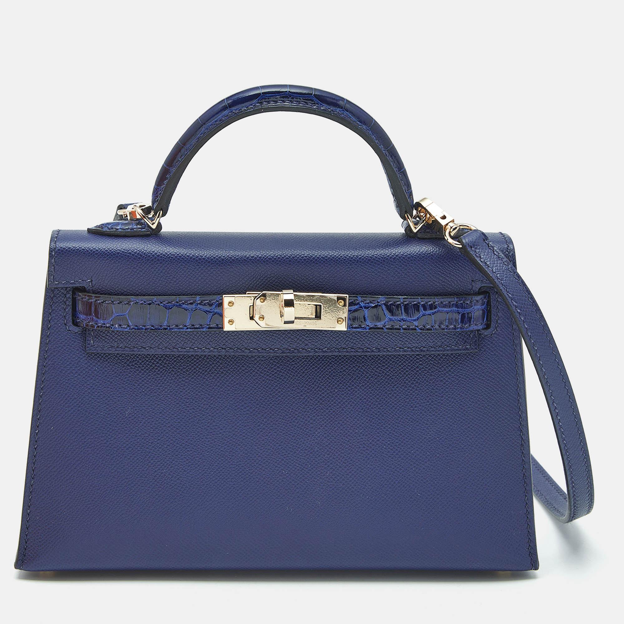 

Hermes Bleu Saphir Veau Madame and Alligator Permabrass Finish Mini Kelly Sellier Touch 20 Bag, Blue