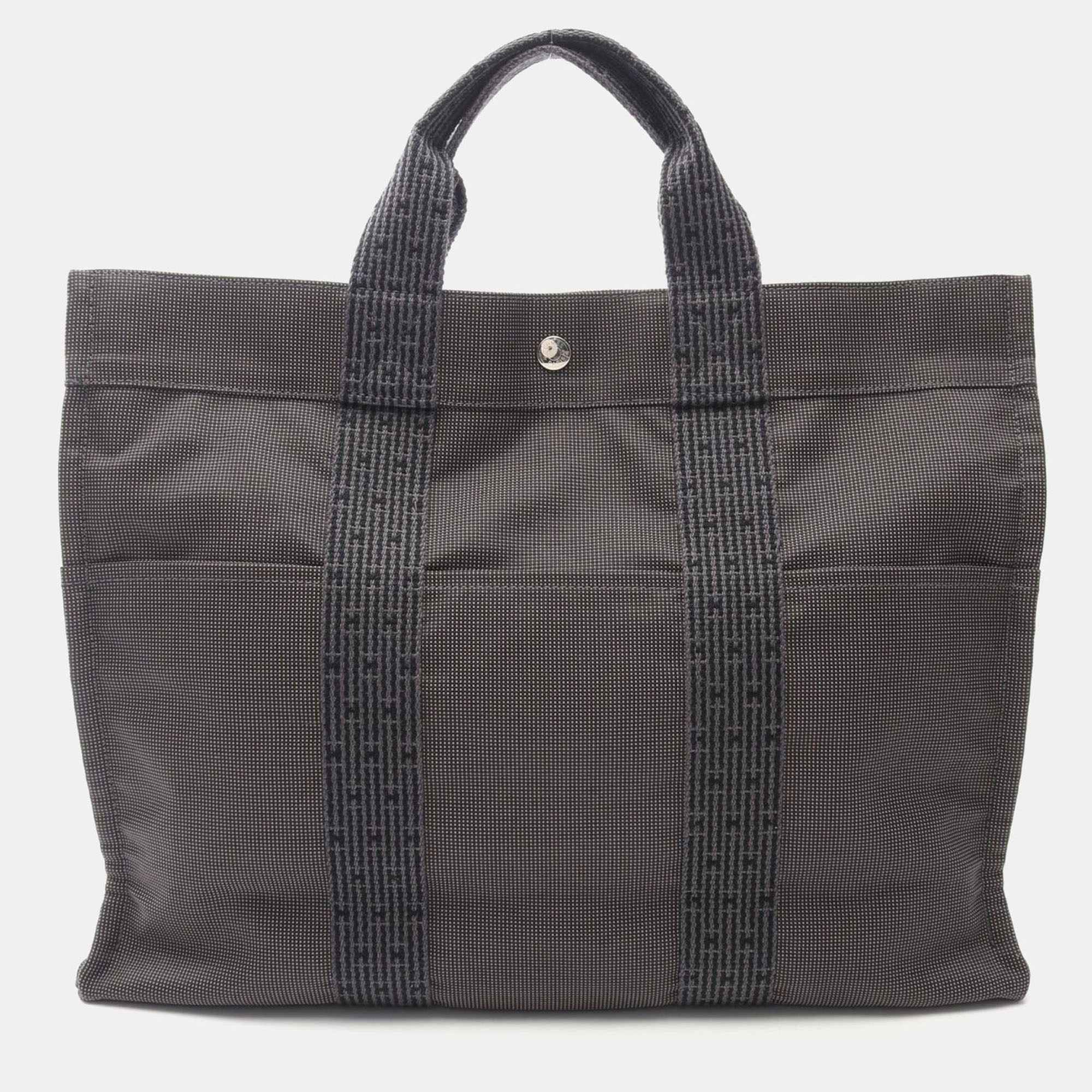 Pre-owned Hermes Herline Mm Gray Canvas Nylon Canvas Bag In Black