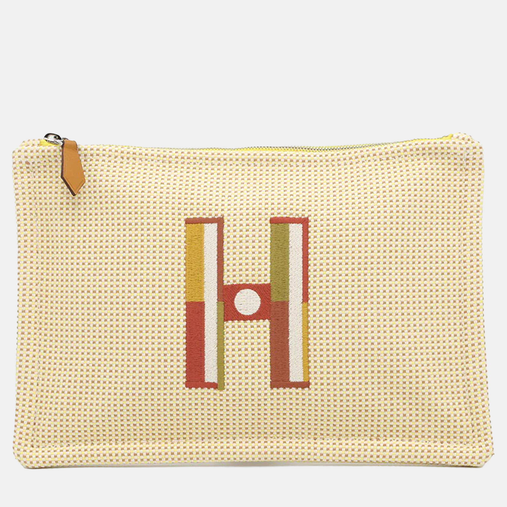 Pre-owned Hermes Flat Pouch With Embroidery "fauve Le Corner" Citron/ochre Toile Chevrons Size Pm In Sand