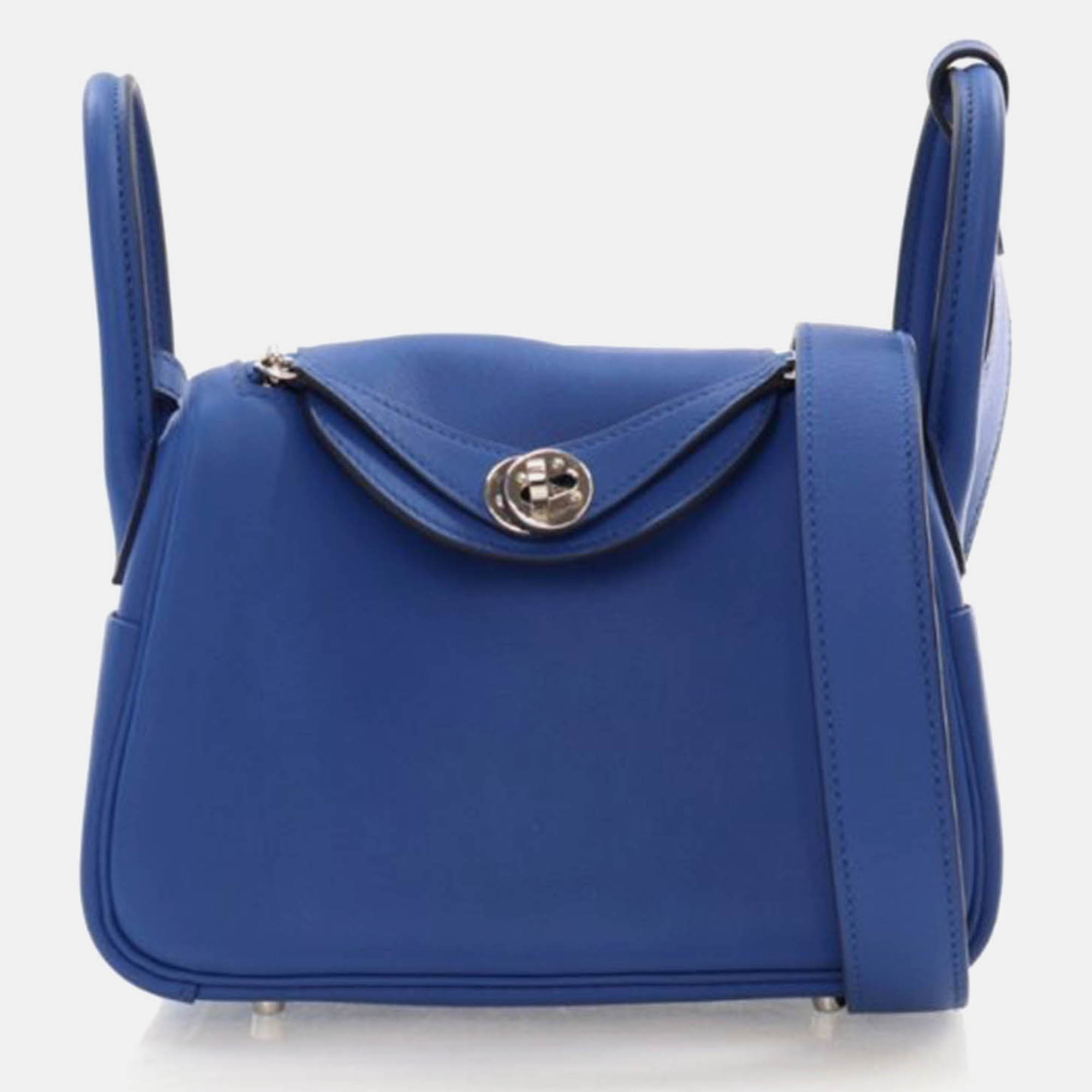 

Hermes Mini Lindy 20 Bleu De France Swift Verso Leather Bag, Blue