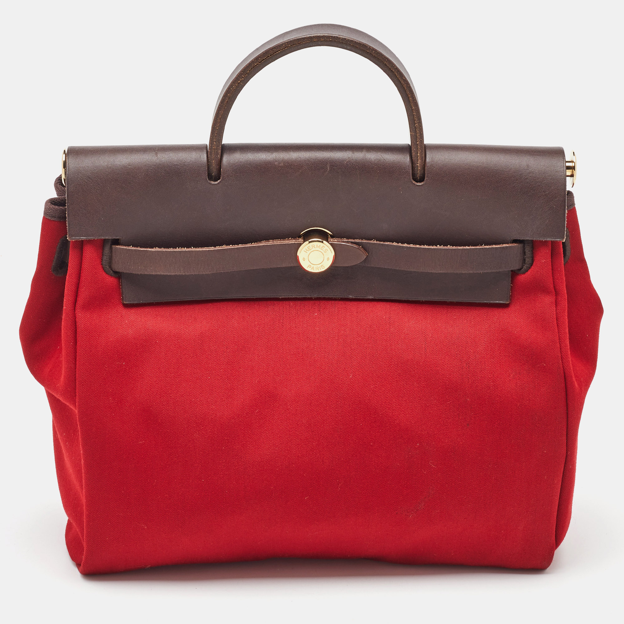 Pre-owned Hermes Brick Red/moka Toile Canvas And Vache Hunter Herbag 31 Bag