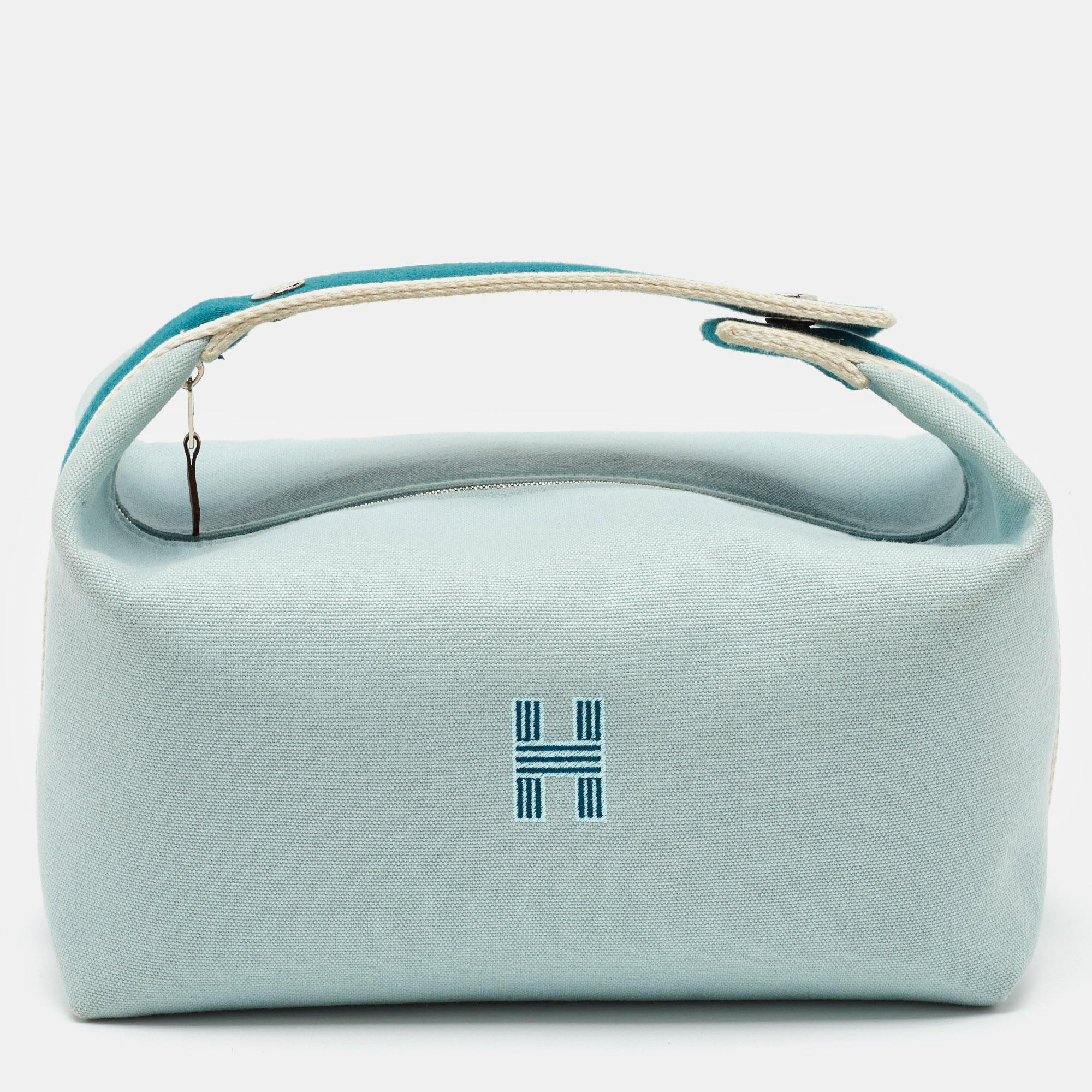 Pre-owned Hermes Eucalyptus Toile H Canvas Large Bride-a-brac Case In Blue