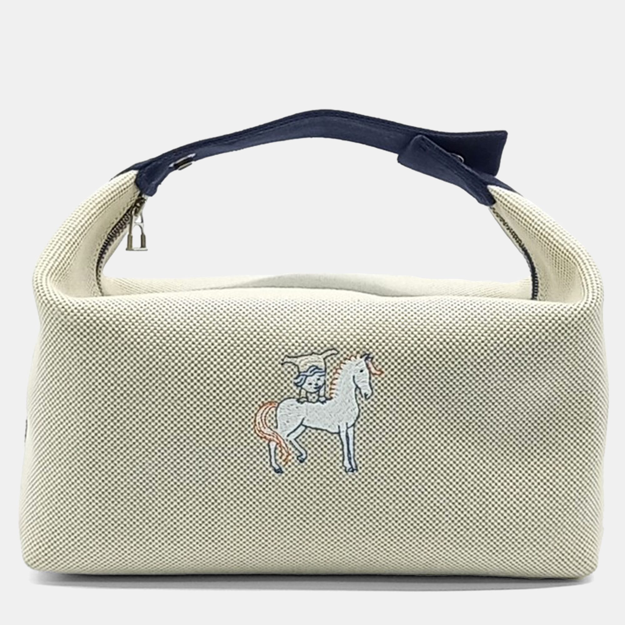 Pre-owned Hermes Beige Navy Blue Fabric Cabriolet Bride-a-brac Case In Sand