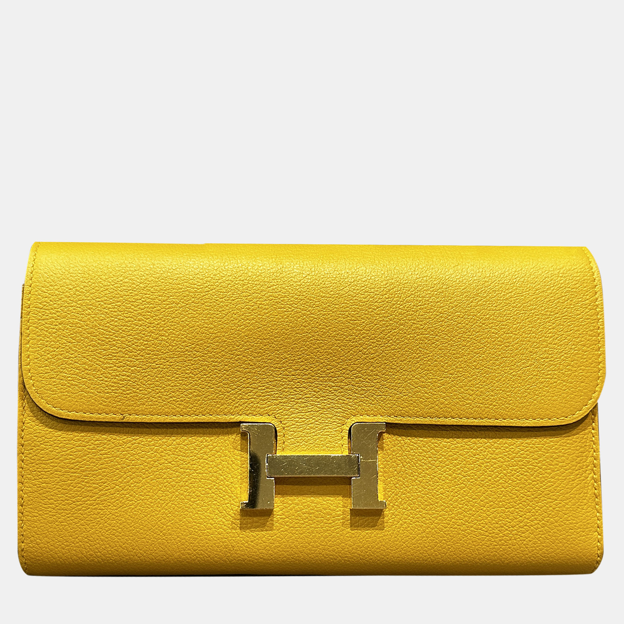 Pre-owned Hermes Constance Long Wallet Amber 9d Evercolor Leather Gold Hardware In Yellow