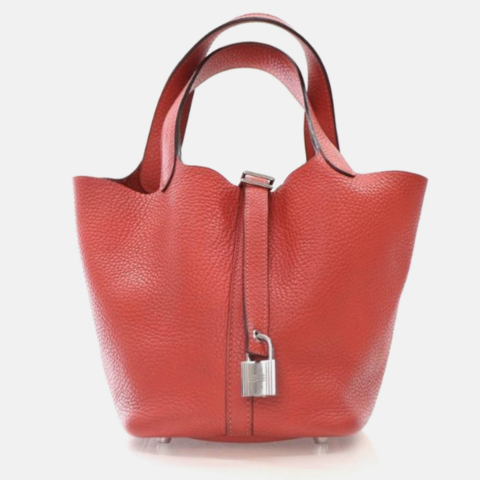

Hermes Picotin 18 Rouge Pivoine Clemence Leather Tote Bag, Red