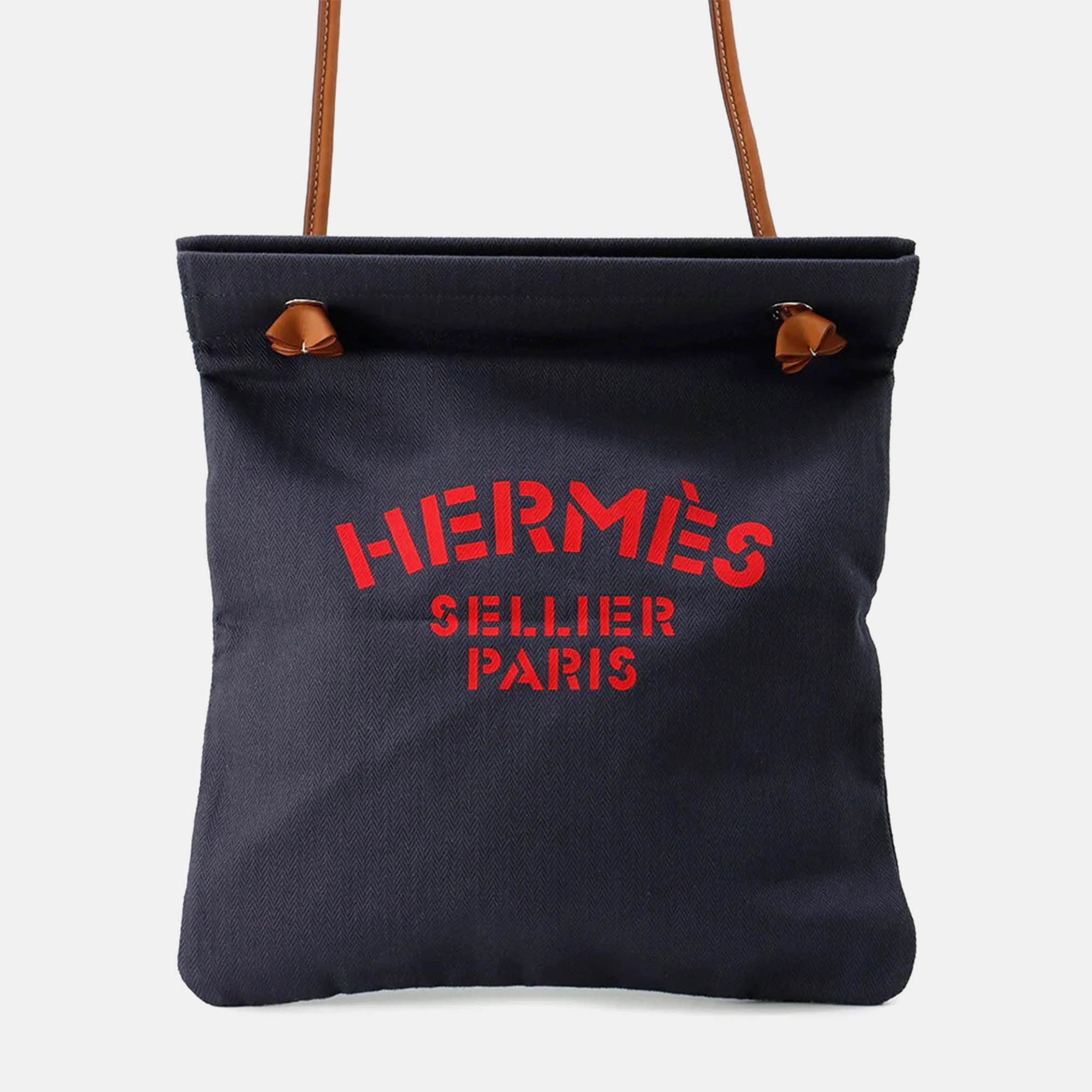 

Hermes Sac Aline Blue Indigo Fauve Toile Chevrons Barenia Leather Tote Bag