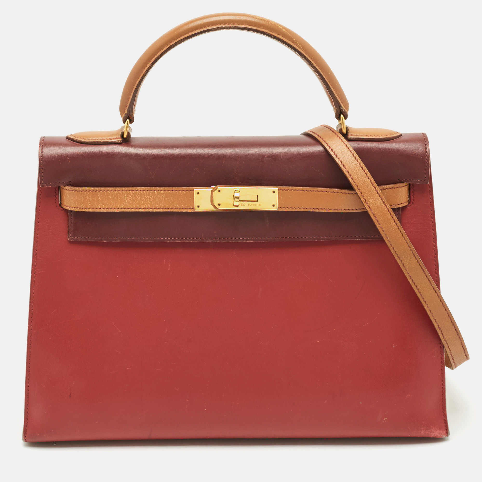 

Hermes Rouge H/Rouge Vif/Naturel Box Leather Gold Finish Kelly Sellier 32 Bag, Multicolor
